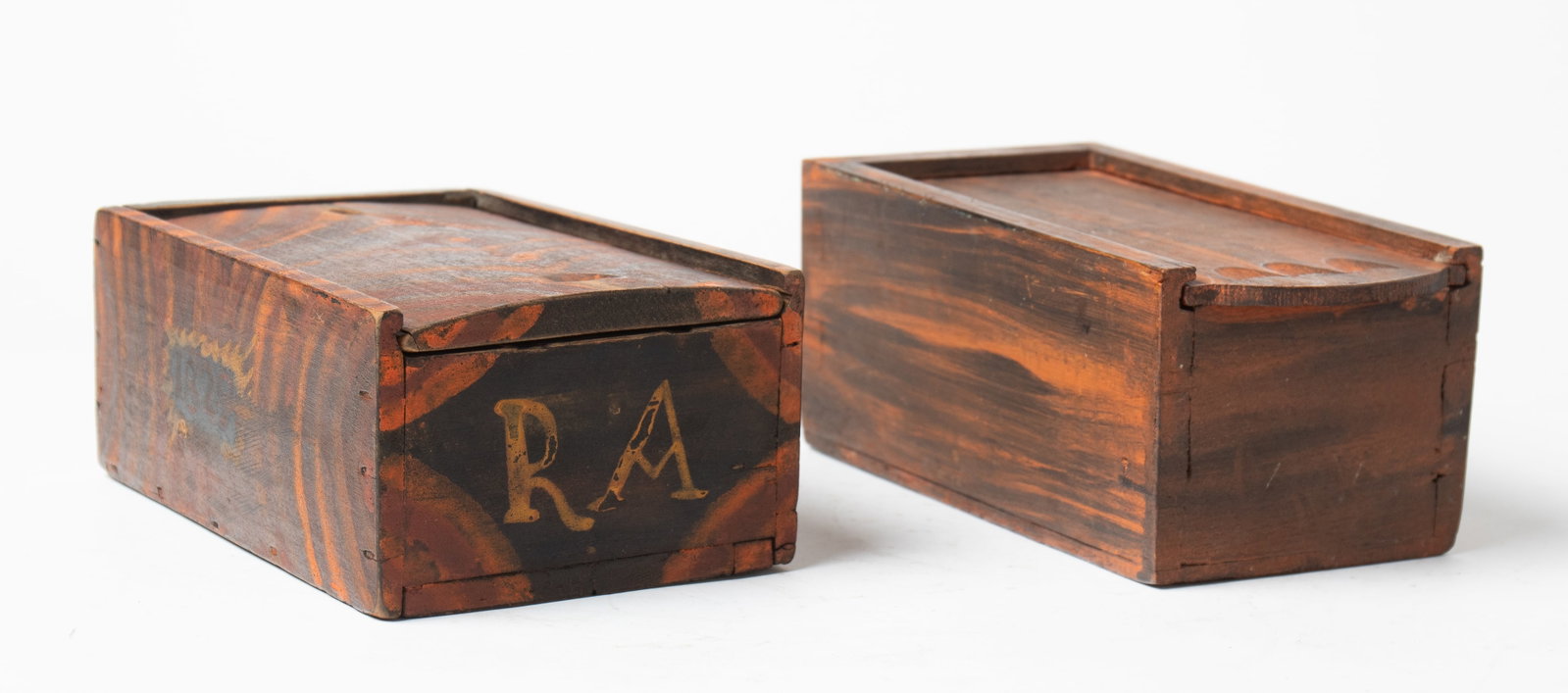 TWO PAINT-DECORATED SLIDE LID BOXES. (1 of 12)
