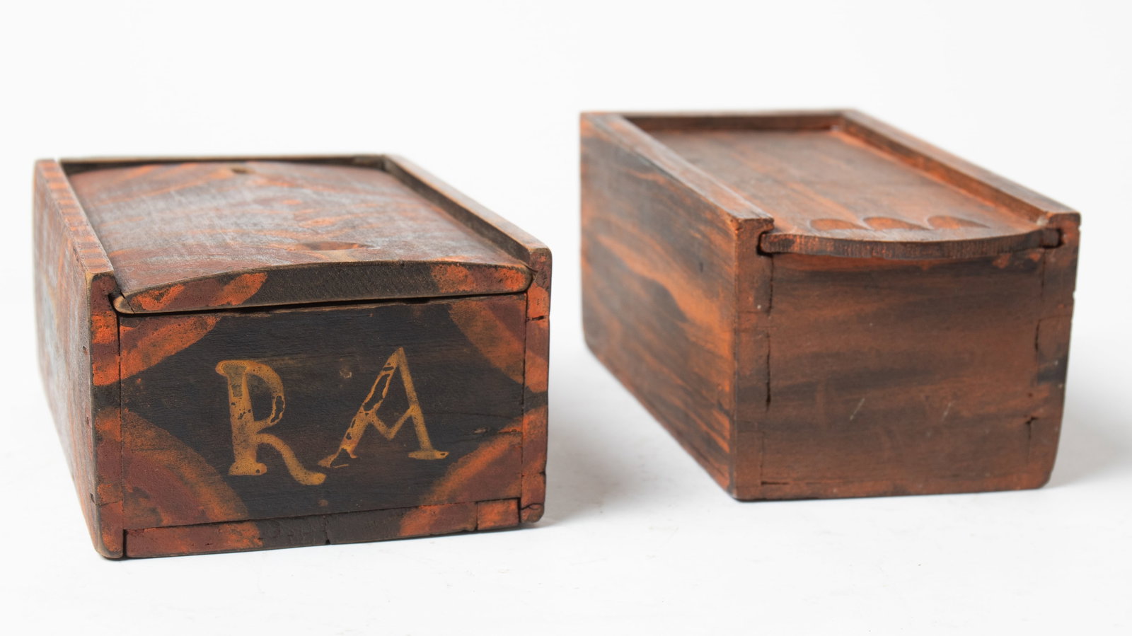 TWO PAINT-DECORATED SLIDE LID BOXES. - 2