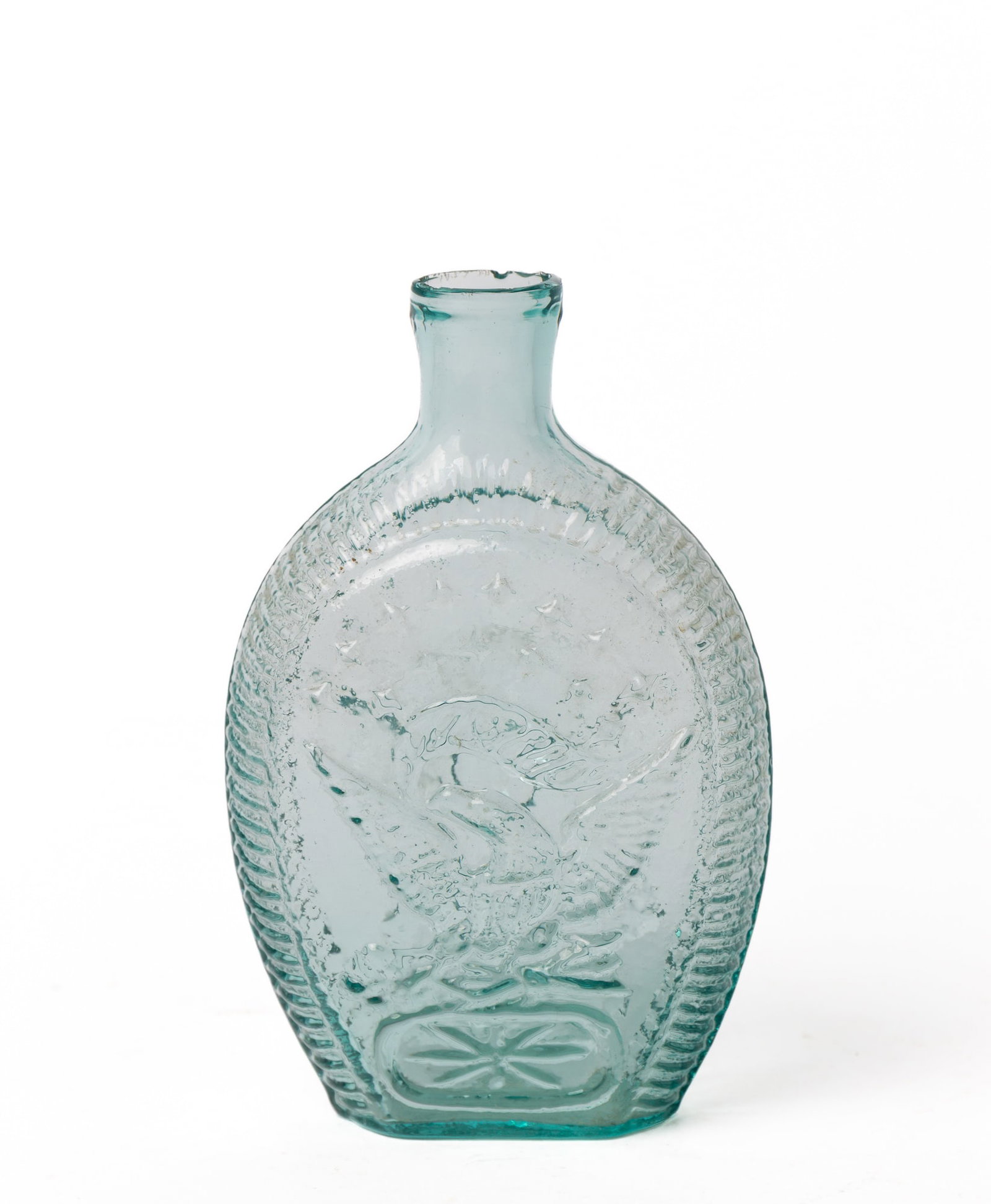 DOUBLE EAGLE AQUA GLASS BLOWN FLASK. (1 of 5)