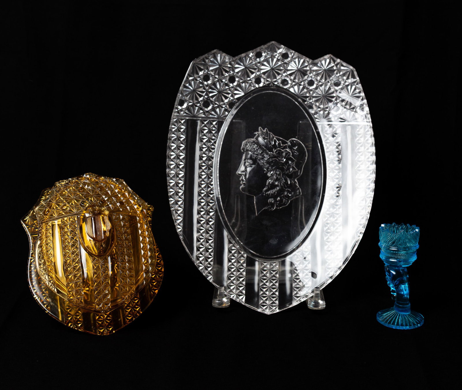 BRYCE BROTHERS GLASS "PATRIOTIC TRIO.": BRYCE BROTHERS GLASS "PATRIOTIC TRIO." American (Pittsburgh, Pennsylvania), 19th Century. The "Patriotic Trio" composed of a National Bread plate with Lady Liberty centered within stars and stripes,