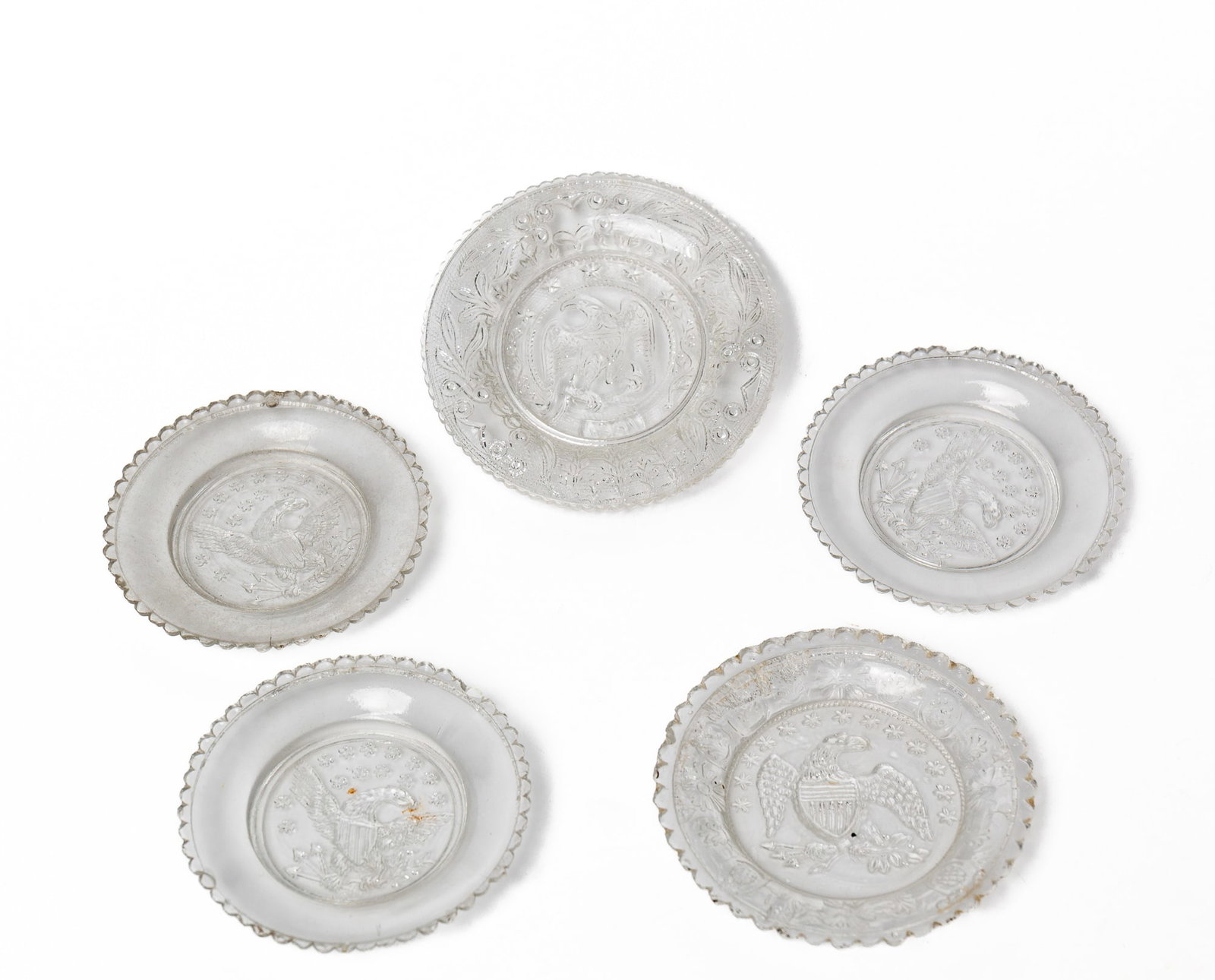 FIVE PRESSED FLINT GLASS EAGLE CUP PLATES. - 6