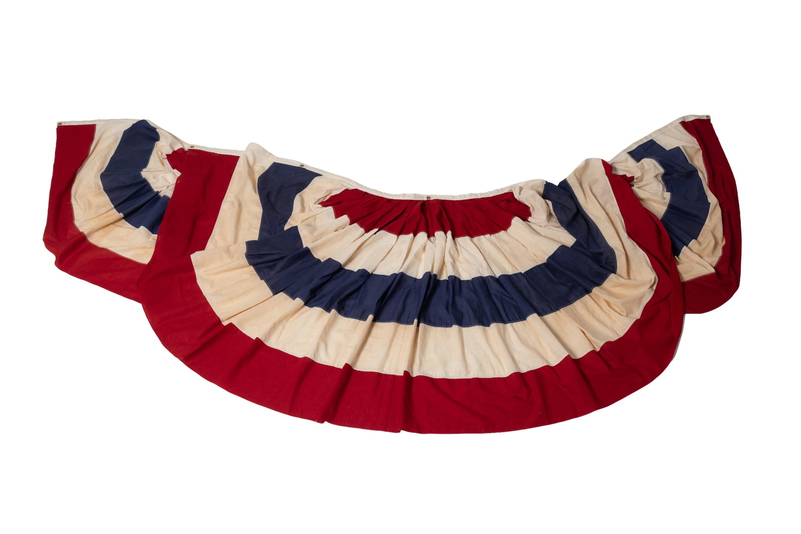 THREE SECTIONS OF FAN-SHAPED RED, WHITE AND BLUE BUNTING.: THREE SECTIONS OF FAN-SHAPED RED, WHITE AND BLUE BUNTING. American, 20th Century. Cotton. Sewn, not printed. Two are quarter round, 33"h. 33"w., and the third is half round, 46"h. 96"w.