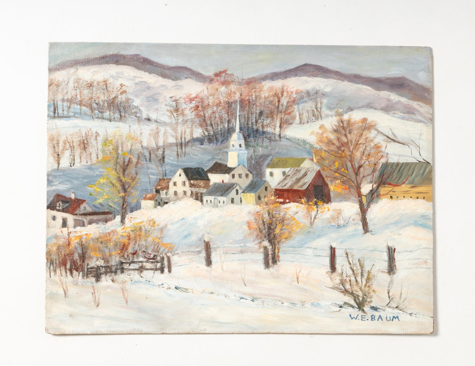 WALTER EMERSON BAUM (AMERICAN, 1884-1956) OIL ON CANVASBOARD OF A SNOWY MOUNTAIN VILLAGE.: WALTER EMERSON BAUM (AMERICAN, 1884-1956) OIL ON CANVASBOARD OF A SNOWY MOUNTAIN VILLAGE. 20th Century. Depicting a village with colorful roofs and a church steeple nestled in a hilly landscape