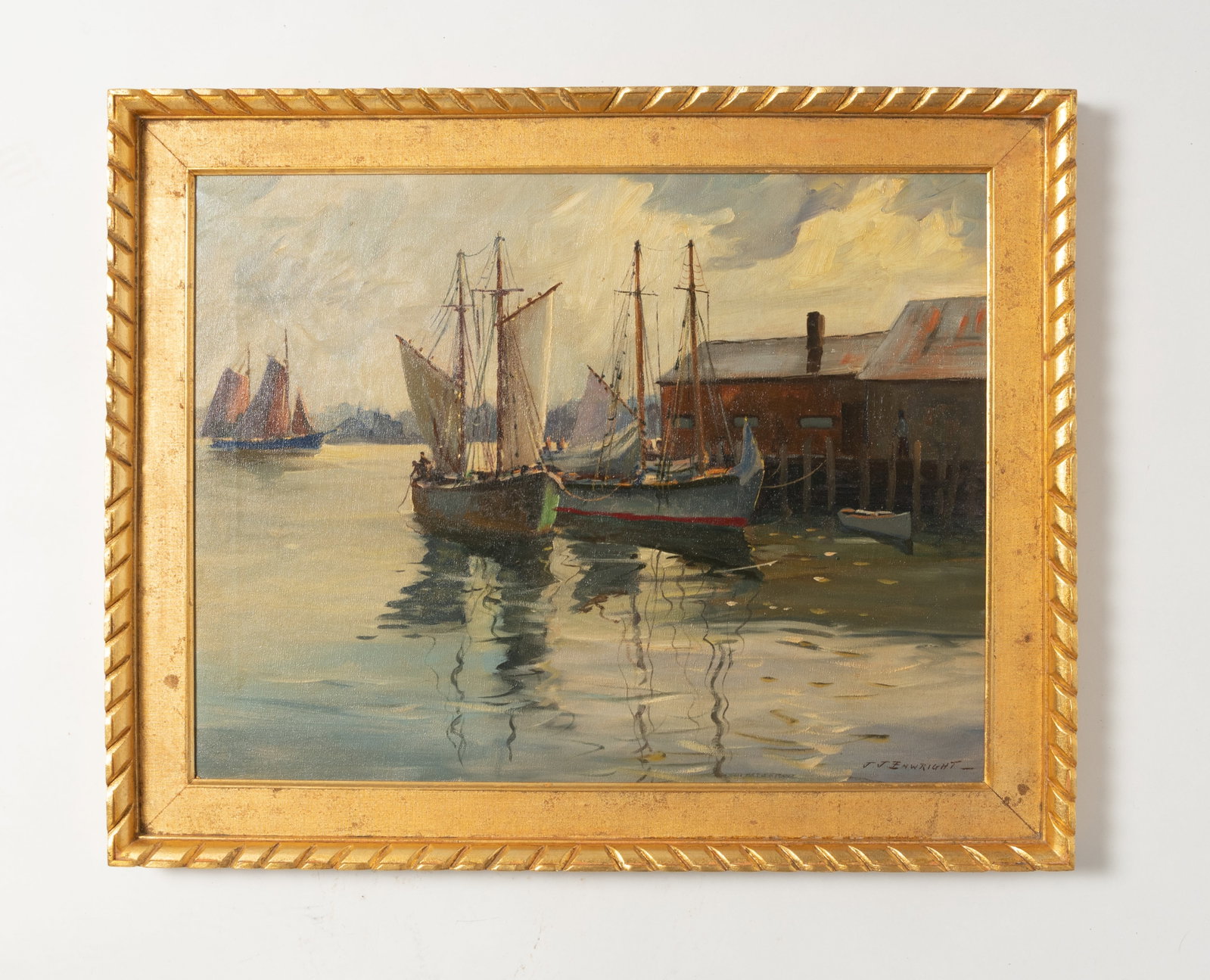 CASPER HJALMAR "CAPPY" AMUNDSEN (MAINE/NEW YORK/MASSACHUSETTS, 1911-2001), WHARF SCENE OIL ON: CASPER HJALMAR "CAPPY" AMUNDSEN (MAINE/NEW YORK/MASSACHUSETTS, 1911-2001), WHARF SCENE OIL ON CANVAS. American, 20th Century. Oil on canvas. Signed "J.J. Enwright" lower right. View of a harbor with