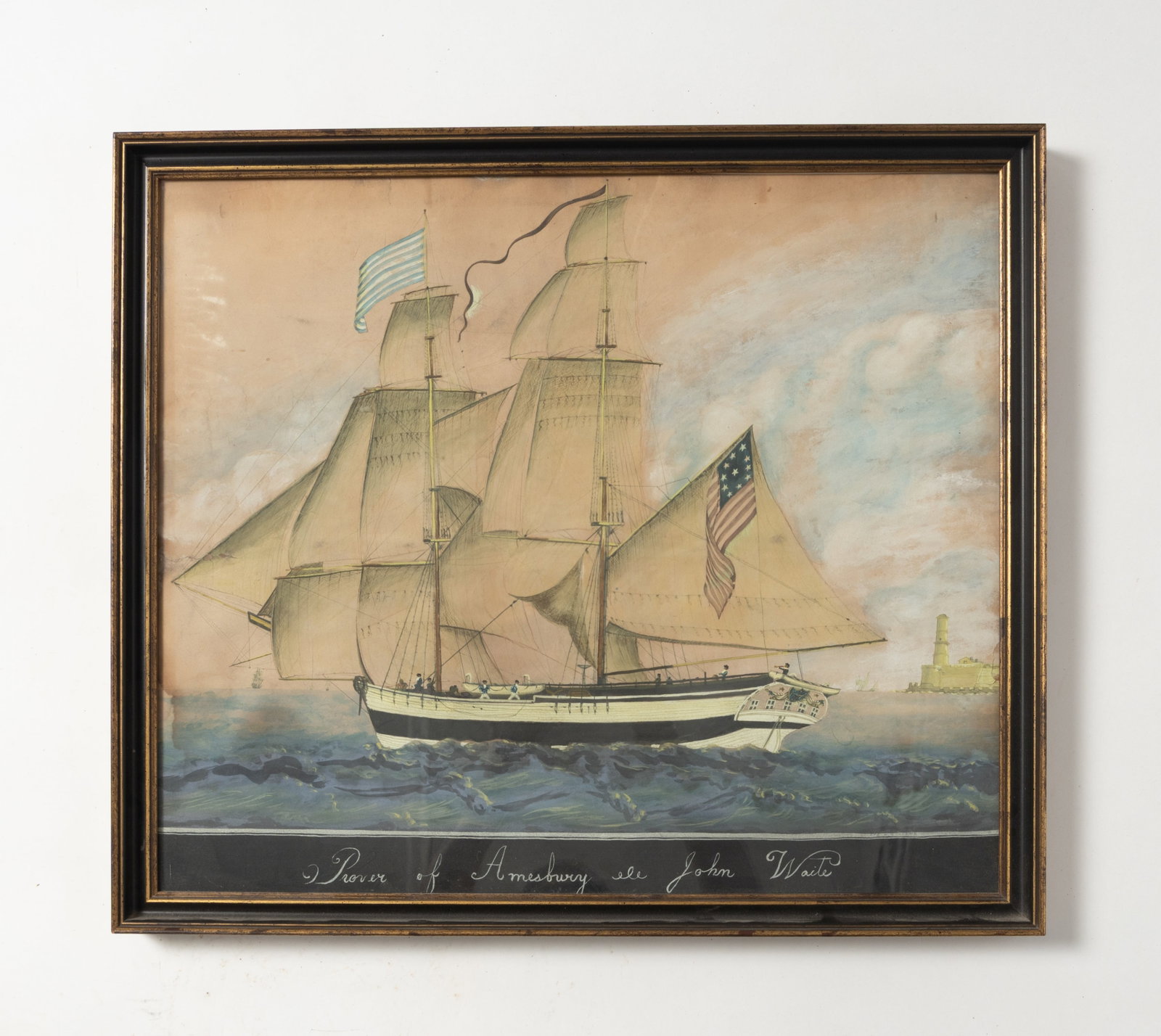 WATERCOLOR AND GOUACHE OF A COASTAL SCHOONER ROVER.: WATERCOLOR AND GOUACHE OF A COASTAL SCHOONER ROVER. American, Early 19th Century. On heavy paper. Two-masted ship flying a blue and white striped flag and red pennant on main mast and American