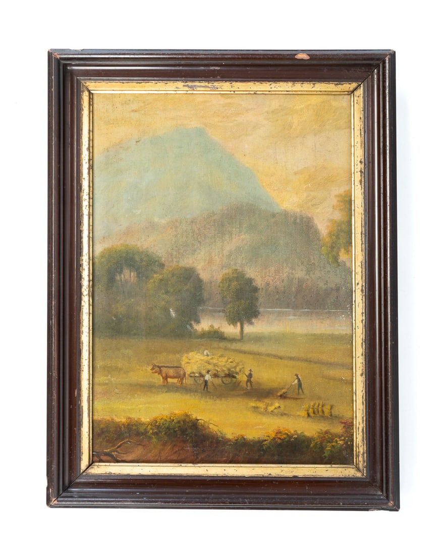 HUDSON RIVER VALLEY SCHOOL OIL ON CANVAS LANDSCAPE.: HUDSON RIVER VALLEY SCHOOL OIL ON CANVAS LANDSCAPE. American, 19th Century. Depicting figures filling an oxen-drawn wheat wagon in the field of a farm, near a body of water and mountains beyond. Canva