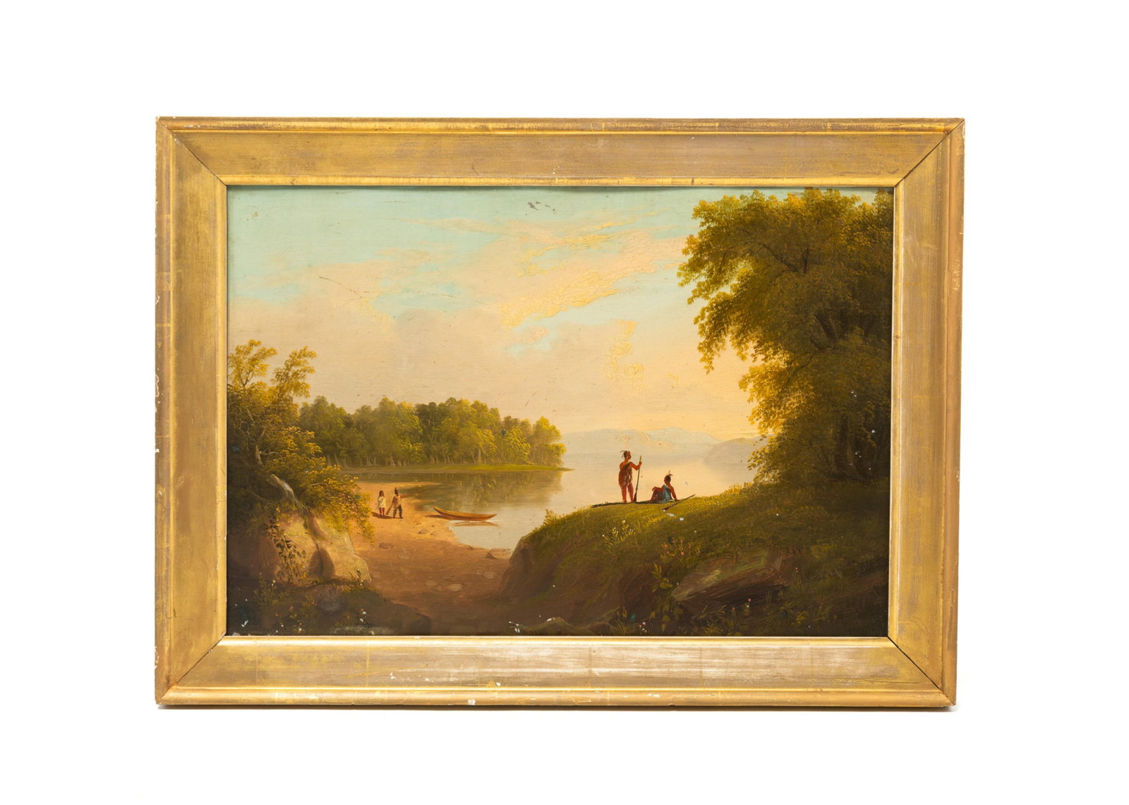 OIL PAINTING ON TIN OF LAKE AND INDIANS ON BEACH: OIL PAINTING ON TIN OF LAKE AND INDIANS ON BEACH American, 19th Century. Oil on tin. A view of two Native Americans looking out over a tree-lined cove with two figures on the beach under a blue sky. 1