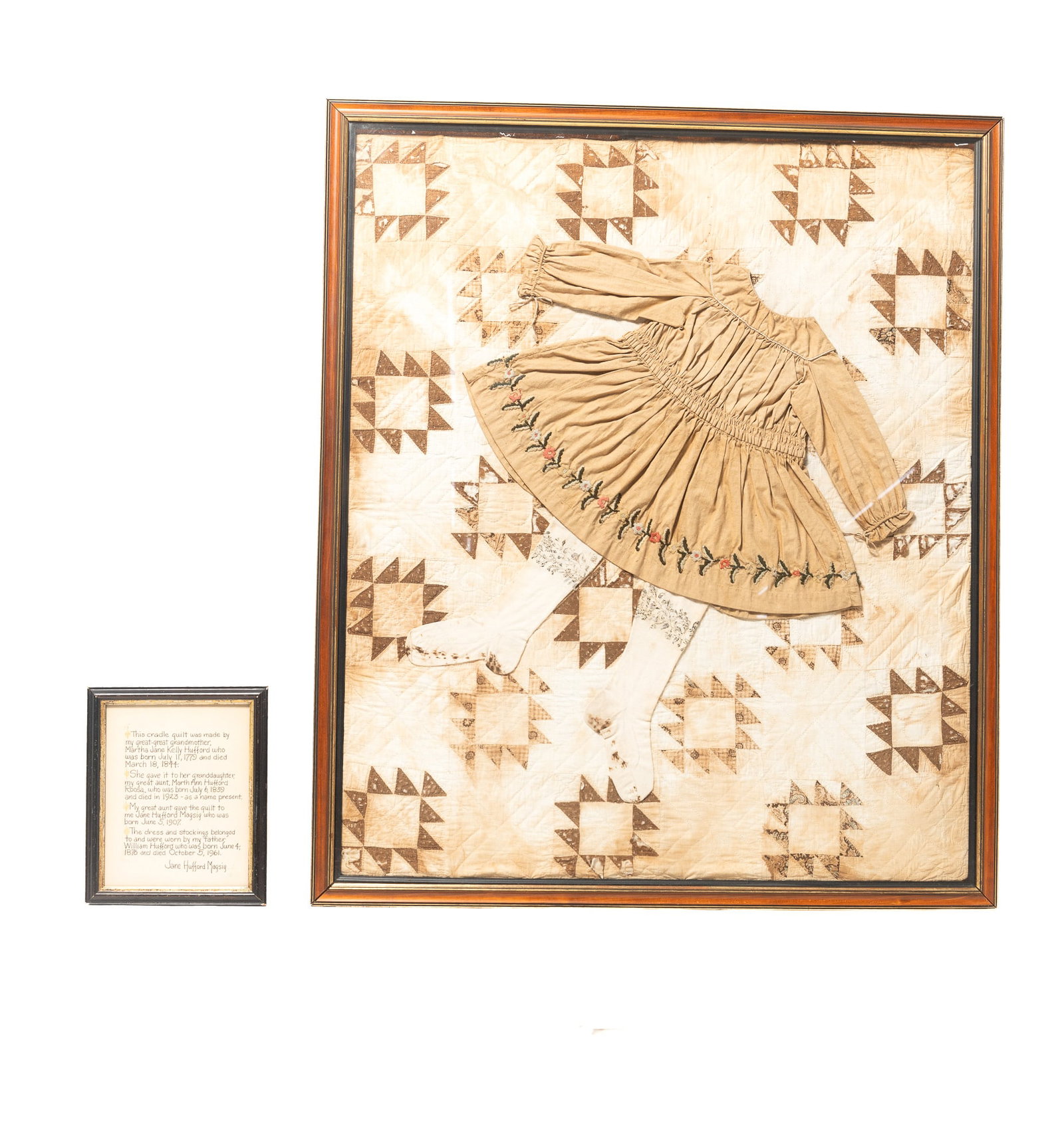 FRAMED CHILD'S DRESS AND PARTIAL CRADLE QUILT, TOGETHER WITH FRAMED HISTORY OF THE FAMILY HEIRLOOMS. (1 of 7)