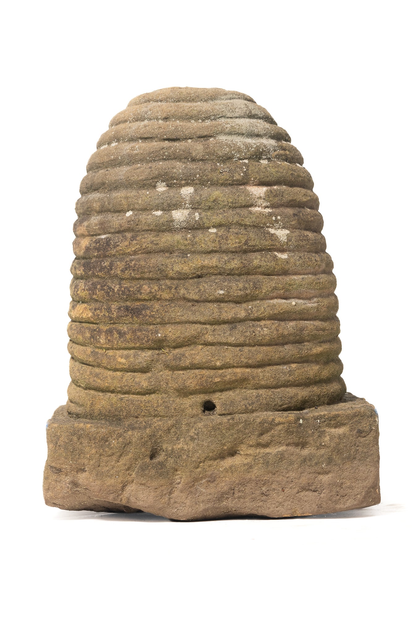 LARGE CARVED SANDSTONE BEEHIVE GARDEN SCULPTURE.: LARGE CARVED SANDSTONE BEEHIVE GARDEN SCULPTURE. American, 19th Century. Bee skep form on rough cut base. Nice patina. 19"h. 8"w. 15"d.
