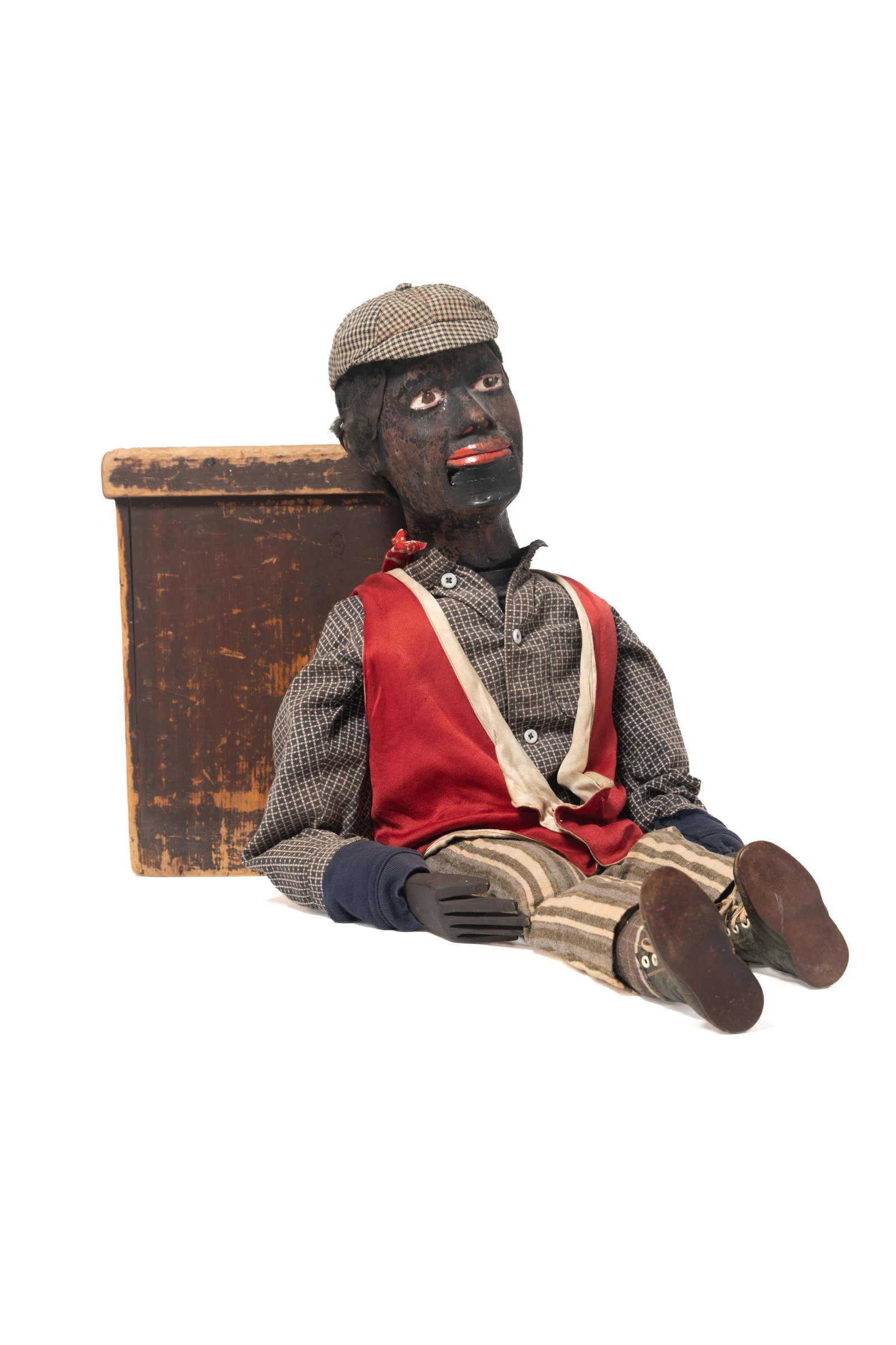 FOLK ART BLACK AMERICANA VENTRILOQUIST FIGURE BY W.H.J. SHOWS.: FOLK ART BLACK AMERICANA VENTRILOQUIST FIGURE BY W.H.J. SHOWS. American, Late 19th or early 20th Century. Depicting a gentleman with black hair and nicely carved and painted facial features, articulat