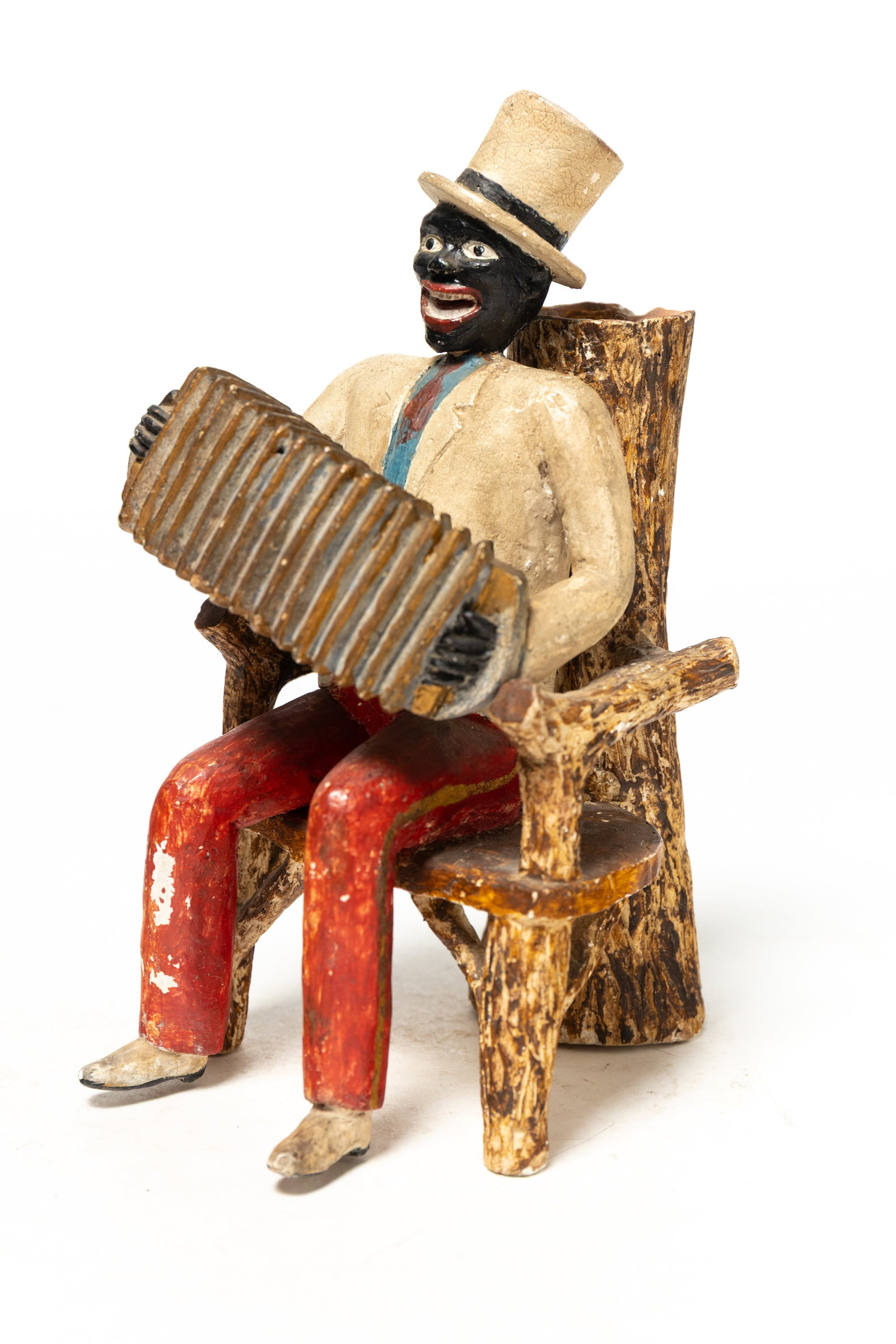 C.S. GERHART FOLK ART BLACK AMERICANA SEATED MAN WITH ACCORDION, DATED 1938. (1 of 6)