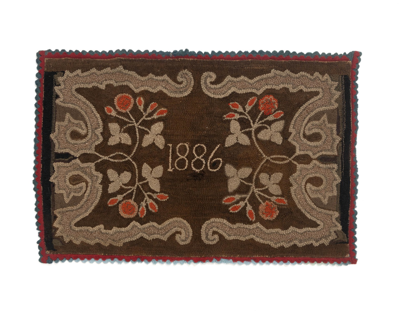 FLORAL HOOKED RUG DATED 1886.: FLORAL HOOKED RUG DATED 1886. American, 19th Century. Wool on burlap. Floral and geometric spandrels surrounding a large "1886" in the center. With a stacked sawtooth border in red and blue felt. 27"h