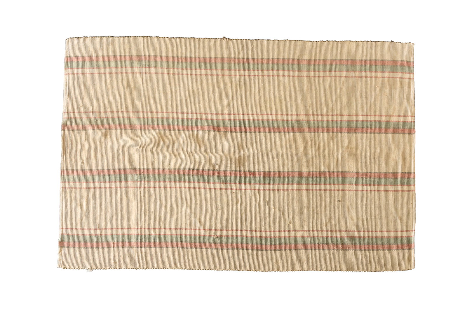 ROOM SIZE STRIPED RAG RUG.: ROOM SIZE STRIPED RAG RUG. American, 20th Century. Taupe ground with red, green, and black stripes. 79"w. 104"l.