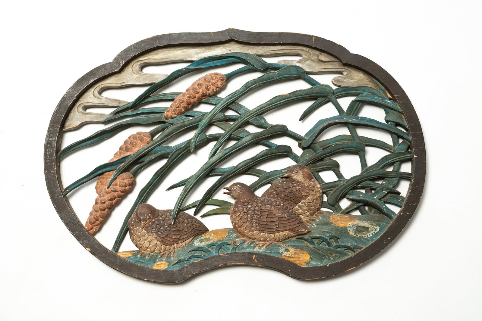 FOLK ART CARVED AND PIERCED WOODEN PANEL OF BIRDS AND CATTAILS WITH ORIGINAL PAINT. (1 of 4)