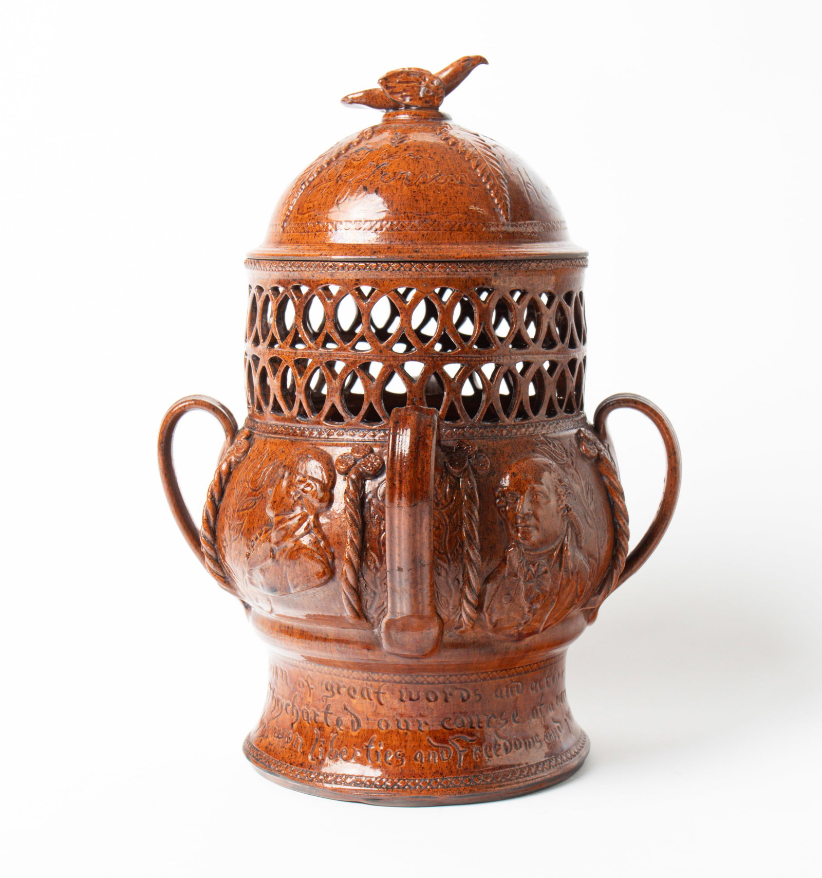 GREG SHOONER (OREGONIA, OHIO, B. 1953) WONDERFUL REDWARE FANCY REVOLUTIONARY WAR PORTRAIT POT. (1 of 15)