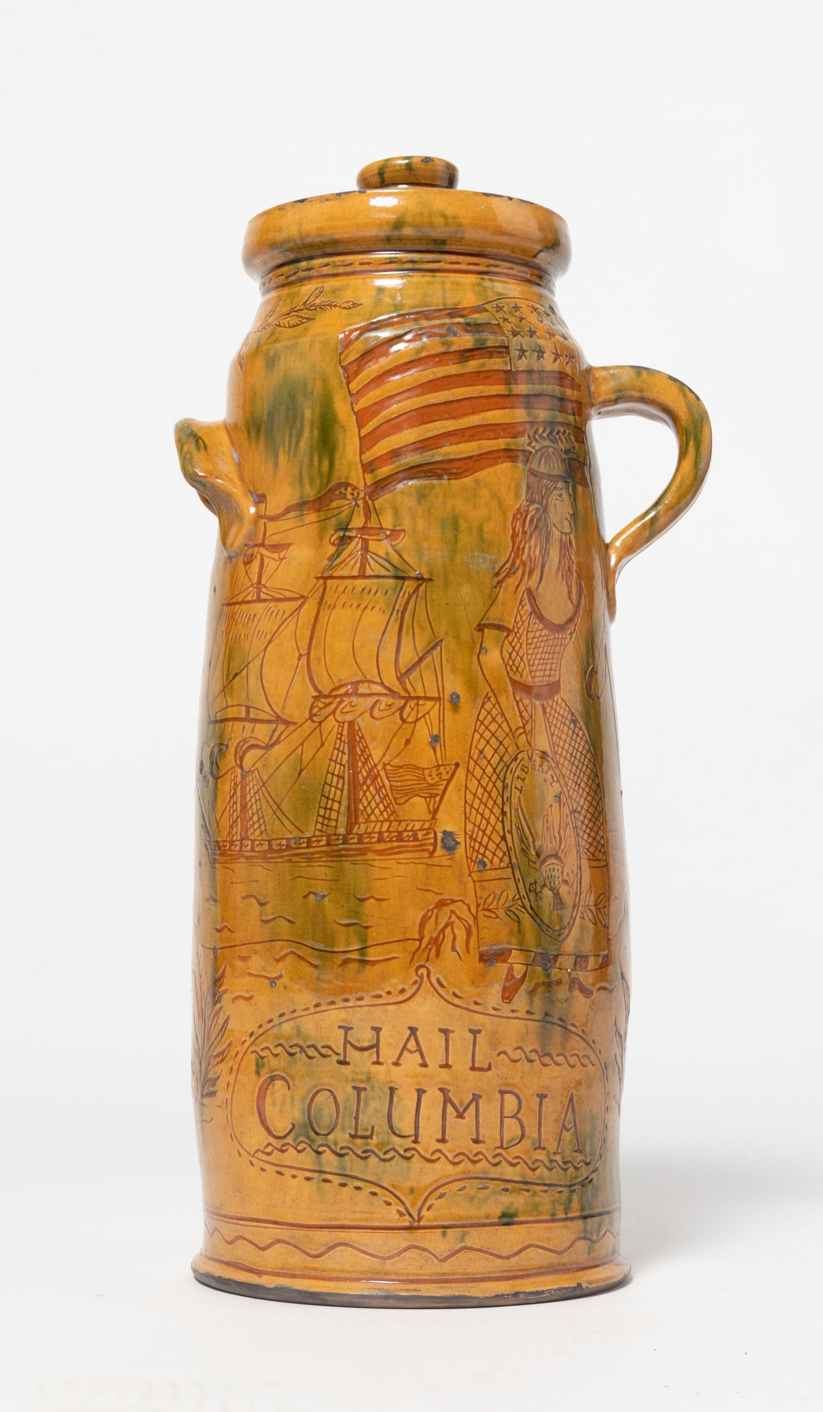 GREG SHOONER (OREGONIA, OHIO, B. 1953) "HAIL COLUMBIA" CHURN, DATED 2000. (1 of 6)