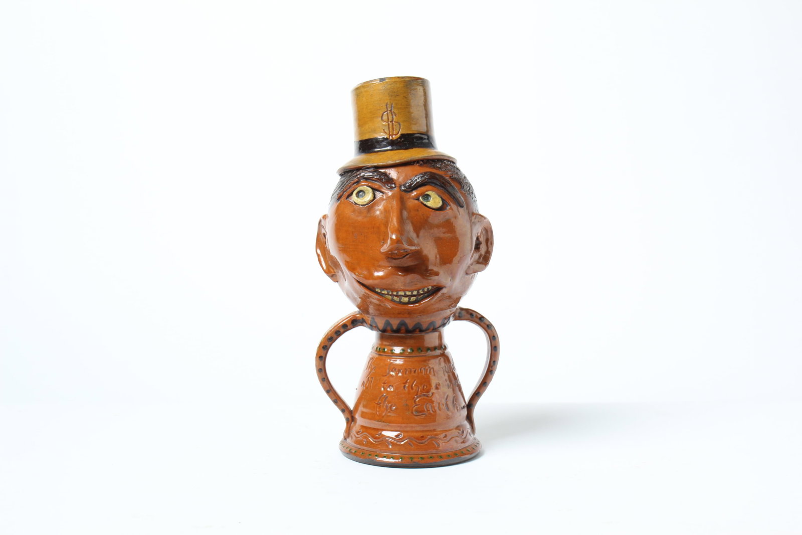 GREG SHOONER (OREGONIA, OHIO, B. 1953) FOLKSY REDWARE FIGURAL TAX MAN BANK, DATED 2010. (1 of 7)