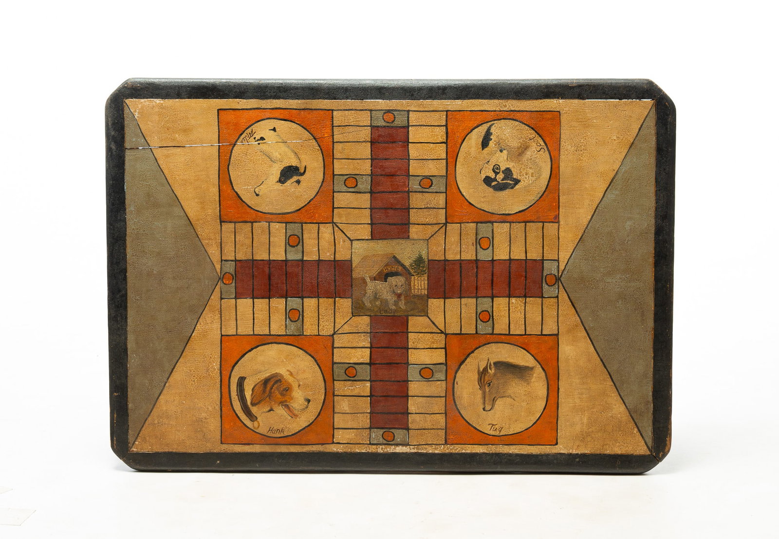 WHIMSICAL FRANK FINNEY (CAPE CHARLES, VIRGINIA, B. 1947) FOLK ART PAINTED DOUBLESIDED DOG GAMEBOARD.: WHIMSICAL FRANK FINNEY (CAPE CHARLES, VIRGINIA, B. 1947) FOLK ART PAINTED DOUBLESIDED DOG GAMEBOARD. American, 20th Century. Wood. One side painted with a mustard, grey, and black checkerboard with re