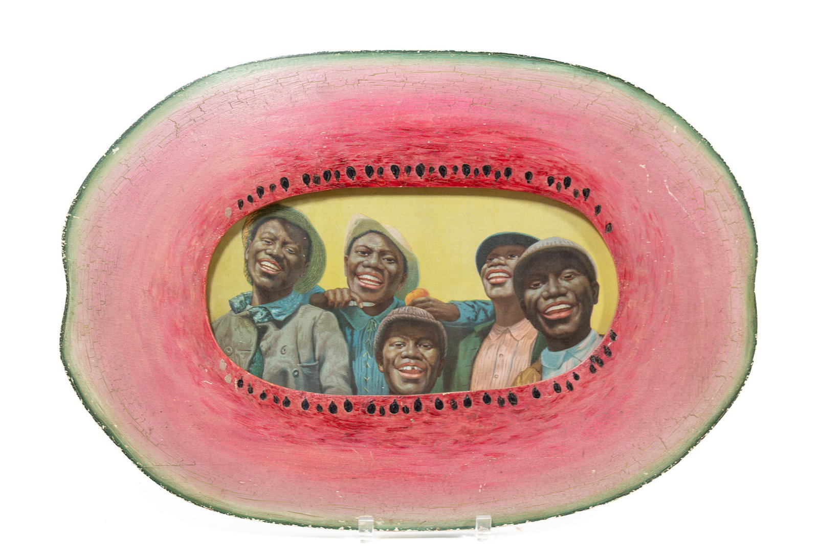 FOLK ART PAINT-DECORATED WATERMELON FRAME WITH CHROMOLITHOGRAPH PRINT OF SMILING GENTLEMEN. (1 of 3)