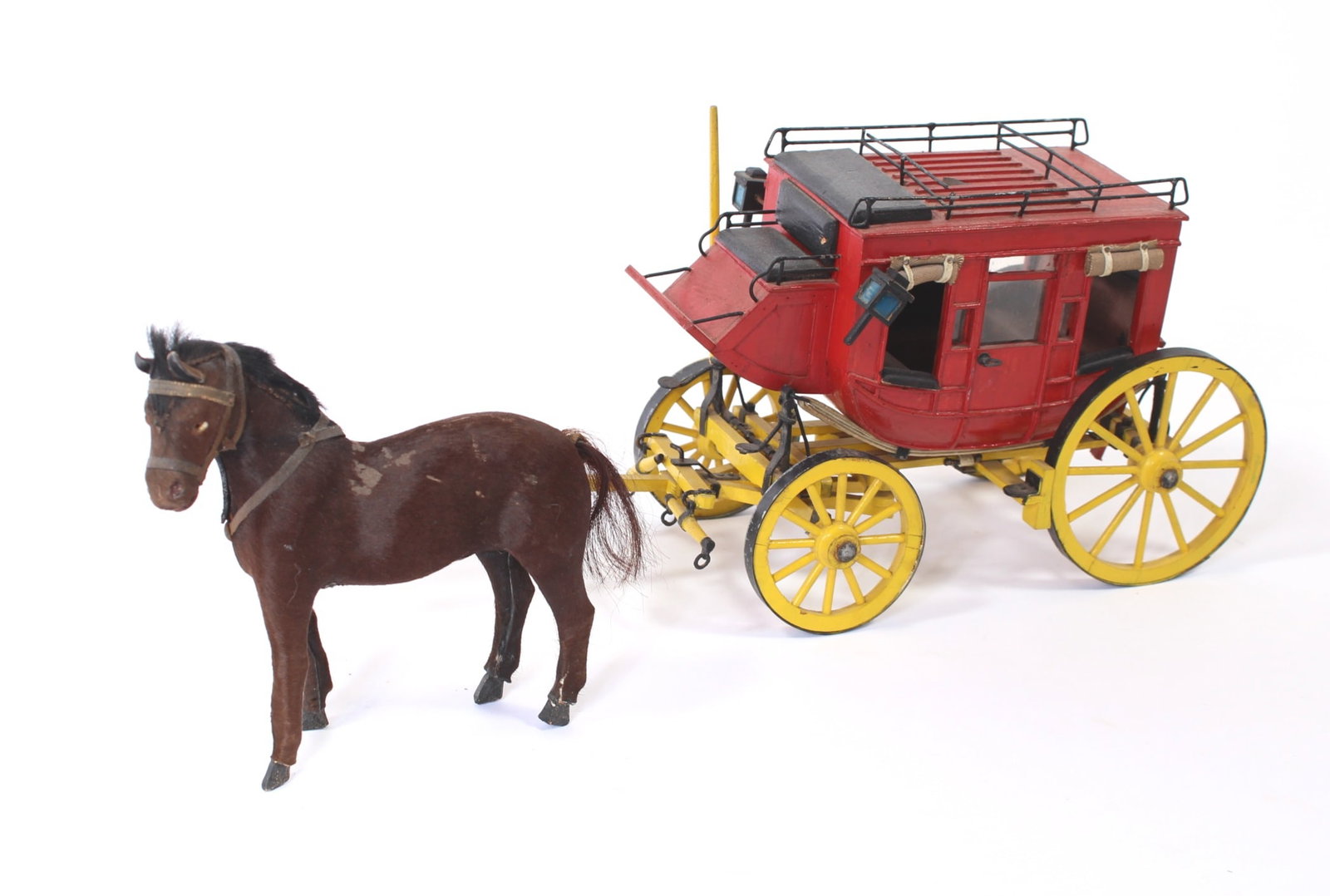 FOLK ART PAINTED WOOD AND METAL SCALE MODEL STAGECOACH AND HORSE. (1 of 5)