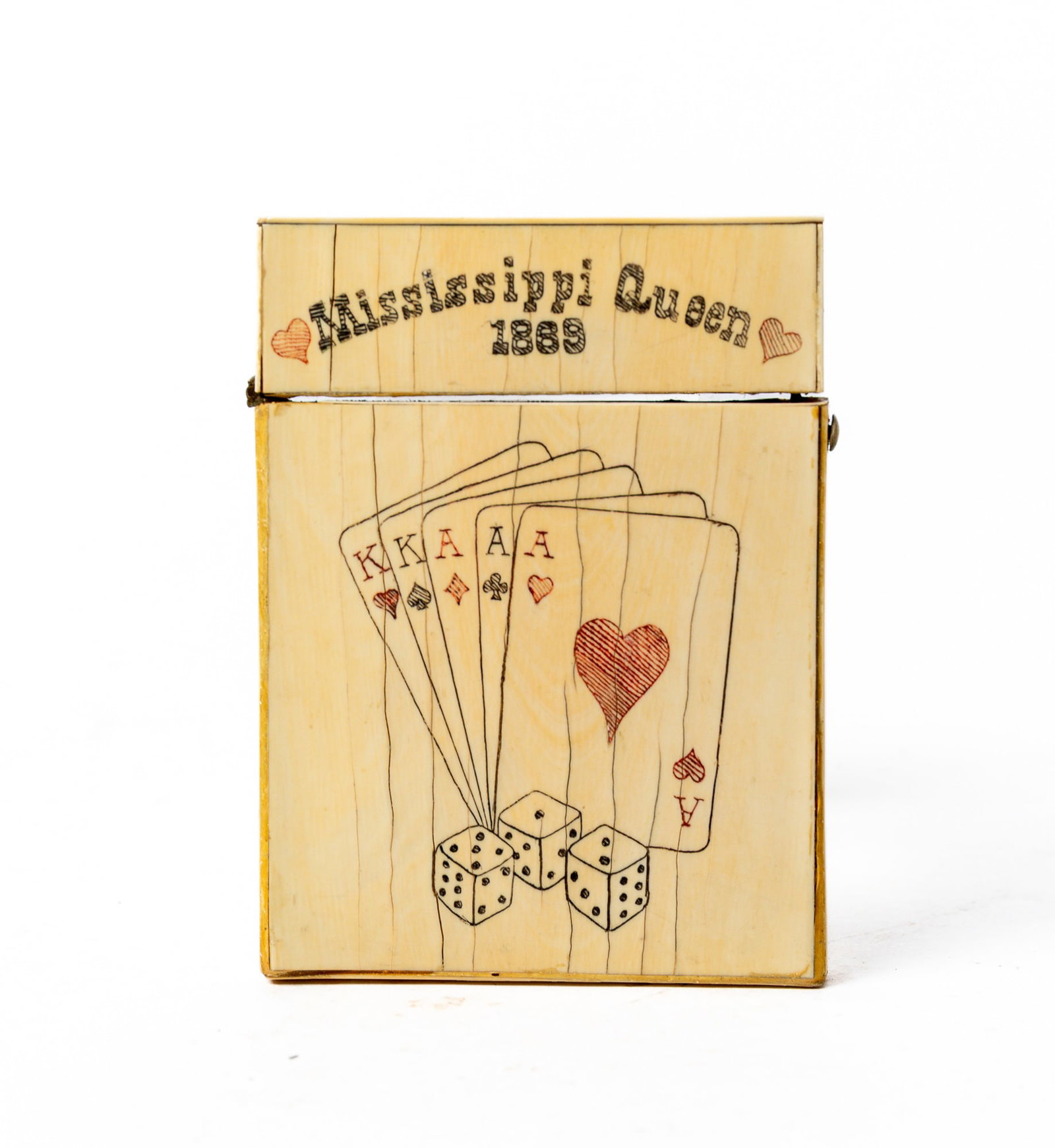 "MISSISSIPPI QUEEN 1869" INCISED BONE PLAYING CARD CASE. (1 of 3)