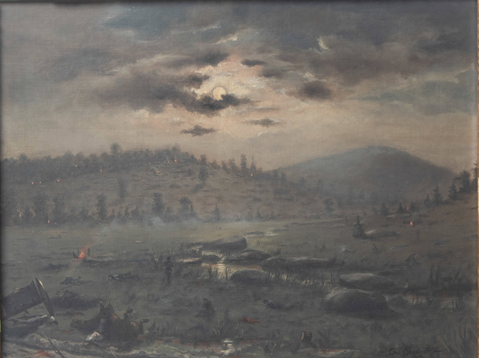 OIL ON CANVAS MOONLIT GETTYSBURG BATTLEFIELD SCENE SIGNED CHAS. YOUNG DATED 1889.: OIL ON CANVAS MOONLIT GETTYSBURG BATTLEFIELD SCENE SIGNED CHAS. YOUNG DATED 1889. American, third quarter 19th Century. Looking from Devil's Den at Bloody Run battlefield showing wounded, dead, wrecke
