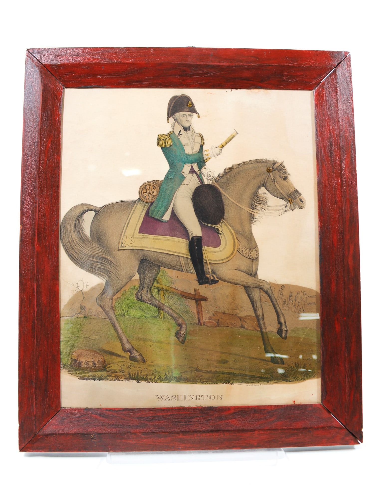 KELLOGG PRINT "WASHINGTON CROSSING THE DELAWARE".: KELLOGG PRINT "WASHINGTON CROSSING THE DELAWARE". American, 19th Century. Hand-colored lithograph on paper. Titled "Washington Crossing the Delaware". In a grain-painted frame behind old glass, 19"h. 