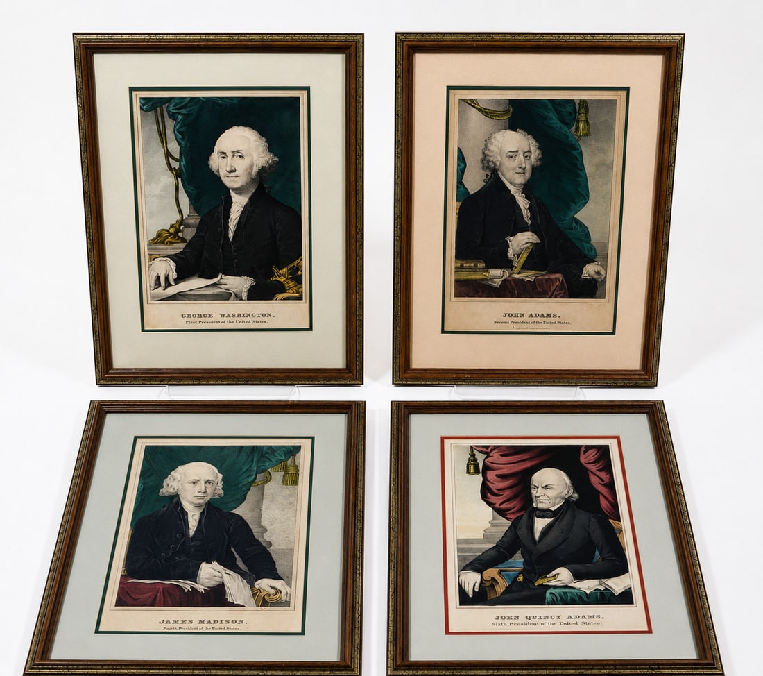 FOUR N.CURRIER COLORED LITHOGRAPHS OF EARLY PRESIDENTS.: FOUR N.CURRIER COLORED LITHOGRAPHS OF EARLY PRESIDENTS. American, mid- 19th Century. "GEORGE WASHINGTON, First President of the United States"," JOHN ADAMS, Second President of the United States", "JA