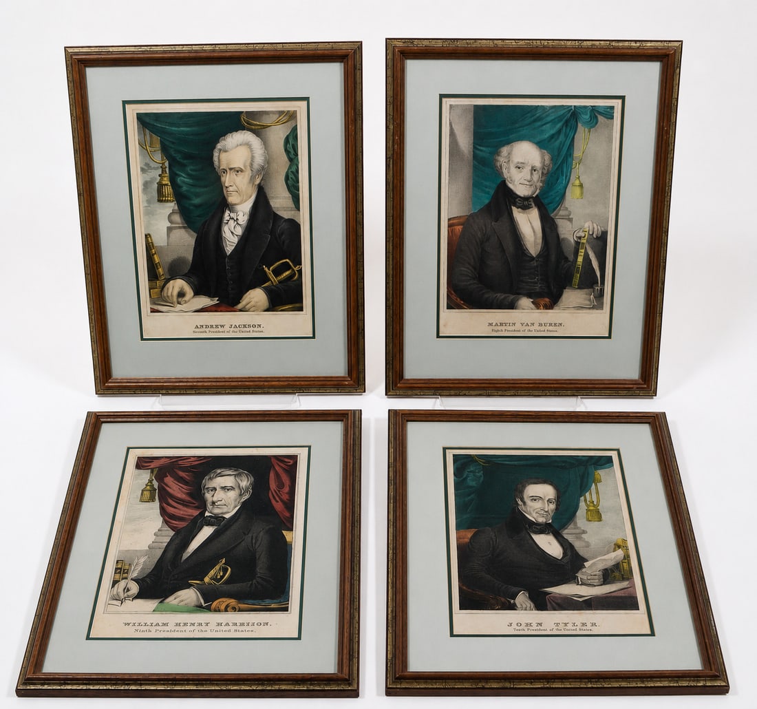 FOUR N.CURRIER COLORED LITHOGRAPHS OF EARLY PRESIDENTS.: FOUR N.CURRIER COLORED LITHOGRAPHS OF EARLY PRESIDENTS. American, mid- 19th Century. "ANDREW JACKSON, Seventh President of the United States", "MARTIN VAN BUREN Eighth President of the United States",