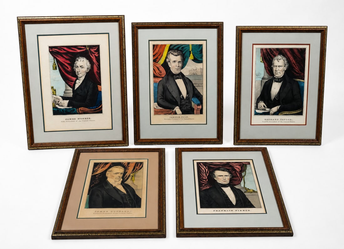 FIVE N. CURRIER COLORED LITHOGRAPHS OF PRESIDENTS. (1 of 6)