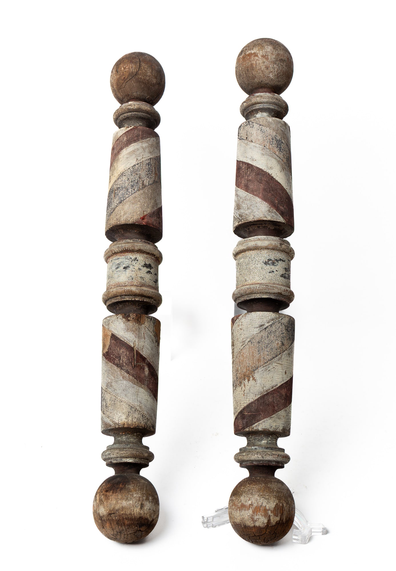 PAIR OF WOODEN BARBER POLES IN ORIGINAL PAINT. (1 of 4)