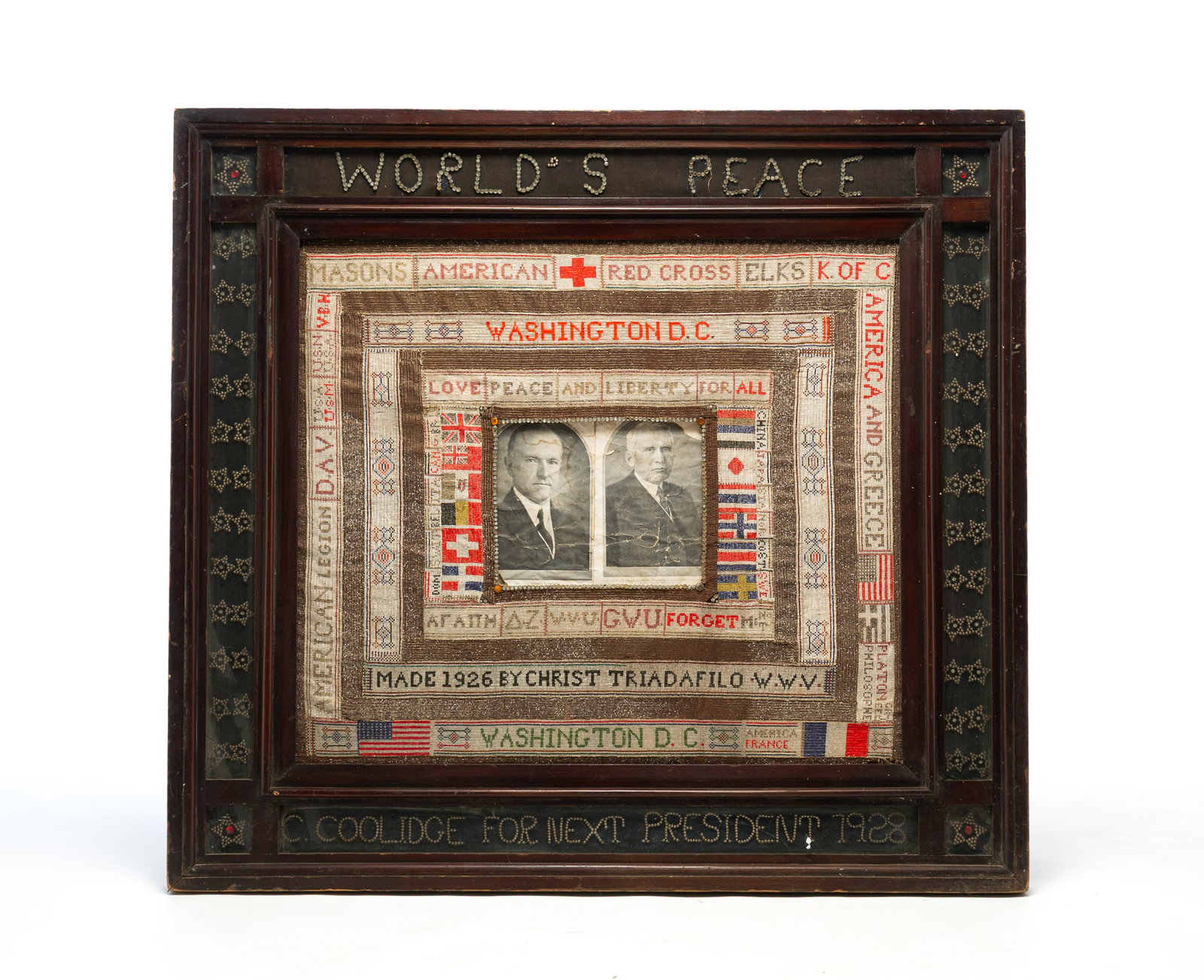 MONUMENTAL BEADED OUTSIDER ART POLITICAL FRAME BY CHRIST TRIADAFILO (b. 1894).: MONUMENTAL BEADED OUTSIDER ART POLITICAL FRAME BY CHRIST TRIADAFILO (b. 1894). American, dated 1926. At the center are images of Calvin Coolidge, then President of the United States, and the