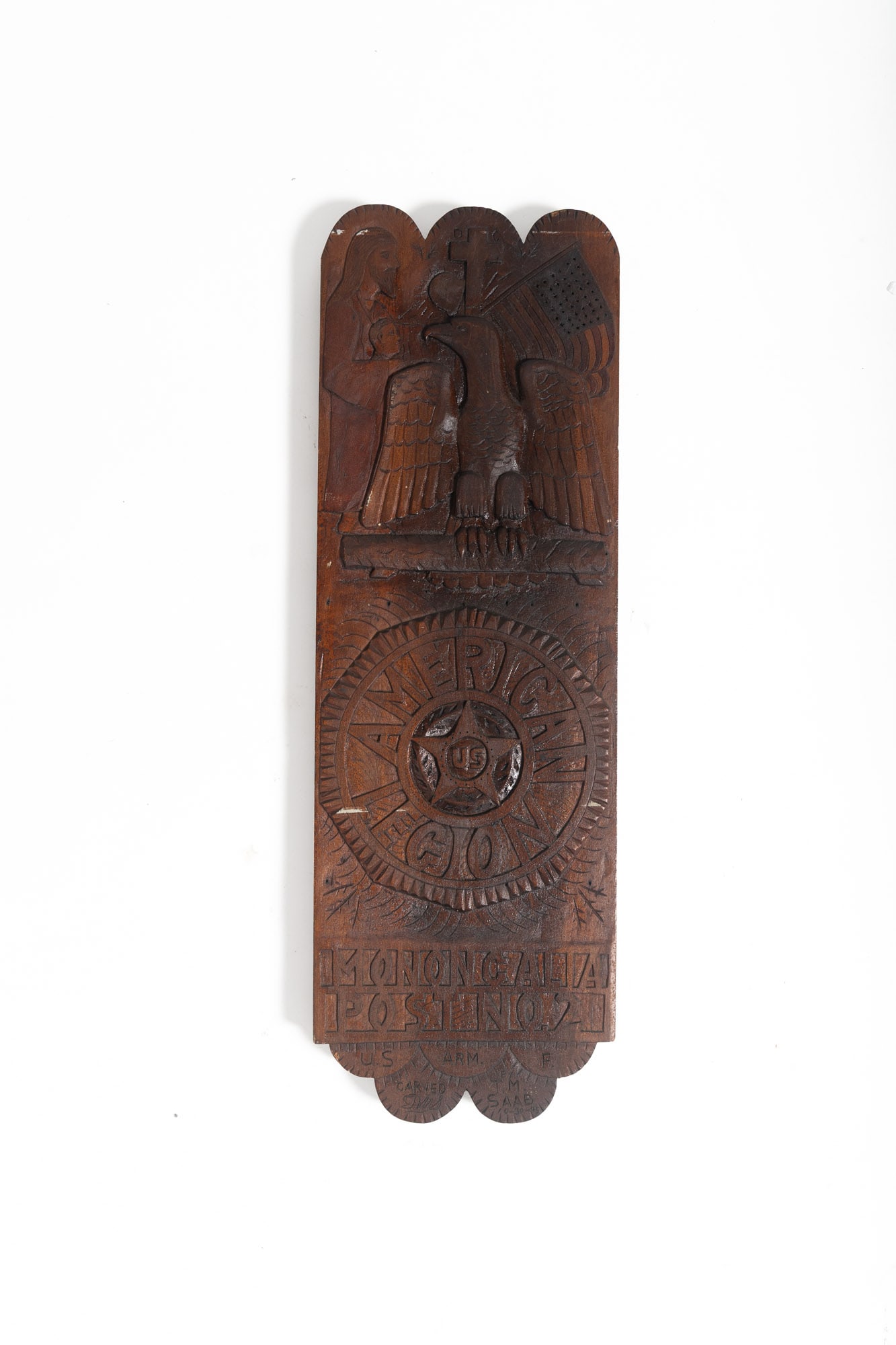 CARVED WOOD AMERICAN LEGION FOLK ART PLAQUE.: CARVED WOOD AMERICAN LEGION FOLK ART PLAQUE. American, mid- 20th Century. Relief carved with a cross, Jesus, American flag, and an eagle over the U.S. American Legion emblem and "Monongalia Post No.
