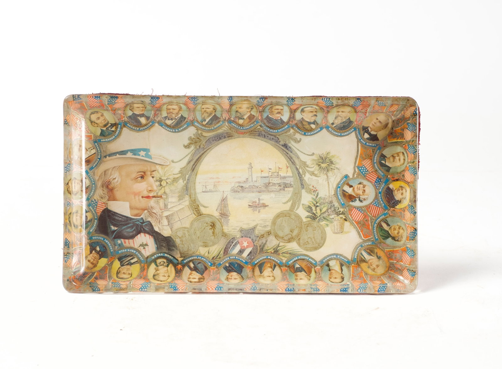 PATRIOTIC THEME GLASS AND CIGAR LABEL TRAY. (1 of 5)