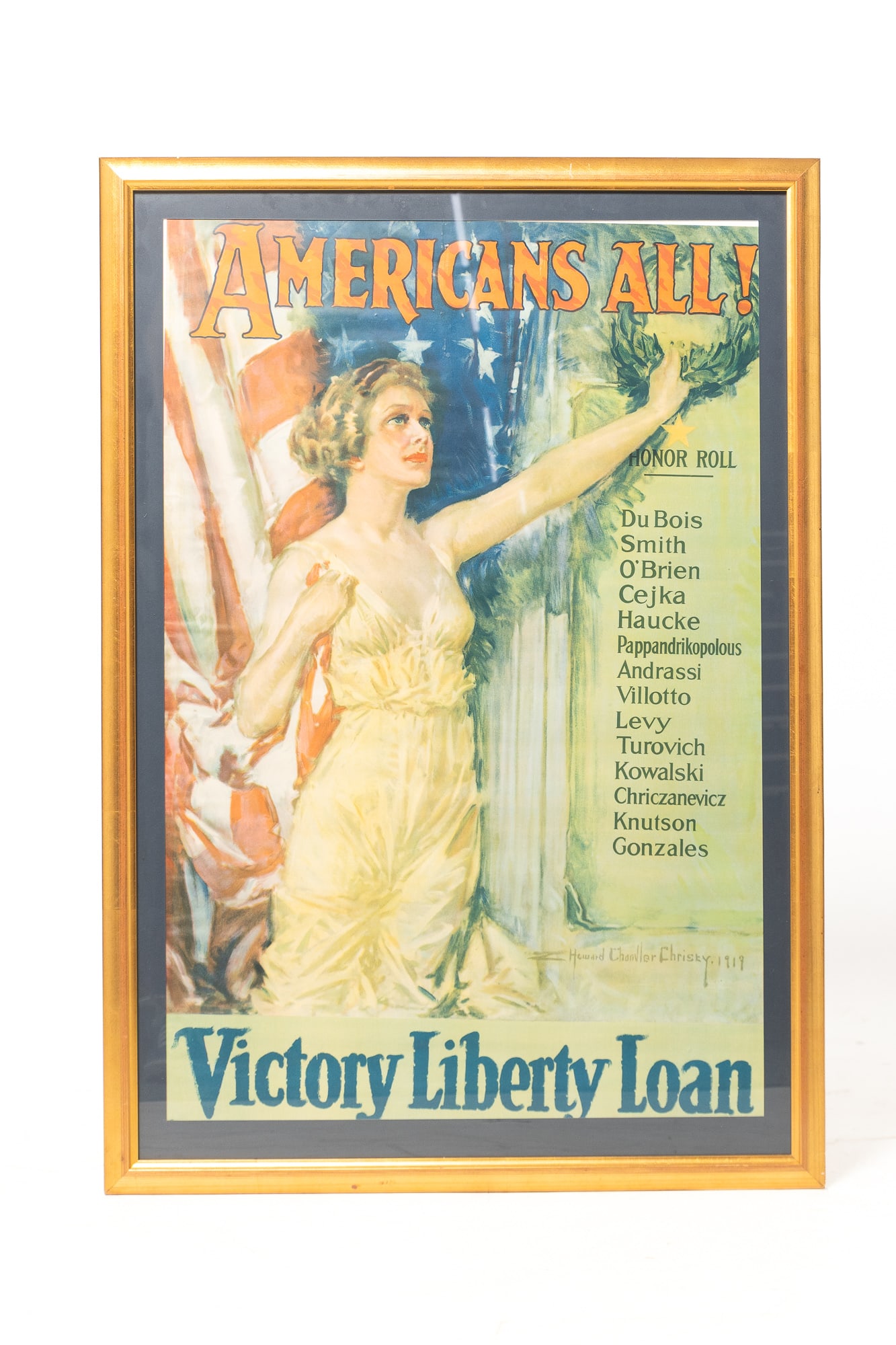 WWI VICTORY LIBERTY LOAN POSTER ILLUSTRATED BY HOWARD CHANDLER CHRISTY.: WWI VICTORY LIBERTY LOAN POSTER ILLUSTRATED BY HOWARD CHANDLER CHRISTY. American, 1919. Professionally framed offset lithograph poster illustrated by Christy (1872-1952), depicting a young woman