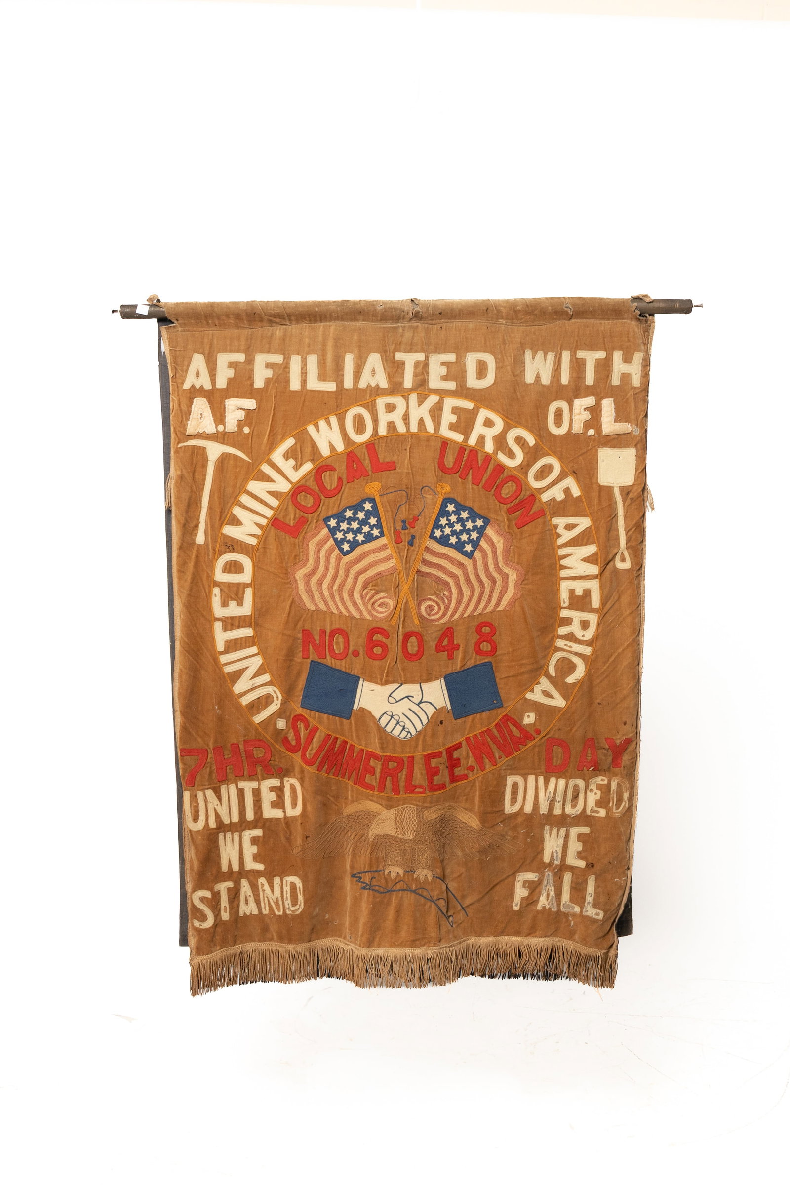 DOUBLE-SIDED UNITED MINE WORKERS OF AMERICA LOCAL 6048 (SUMMERLEE, WEST VIRGINIA) PROCESSION BANNER.: DOUBLE-SIDED UNITED MINE WORKERS OF AMERICA LOCAL 6048 (SUMMERLEE, WEST VIRGINIA) PROCESSION BANNER. American, 20th Century. Recto is brown velvet with polychrome sewn and embroidered decoration of