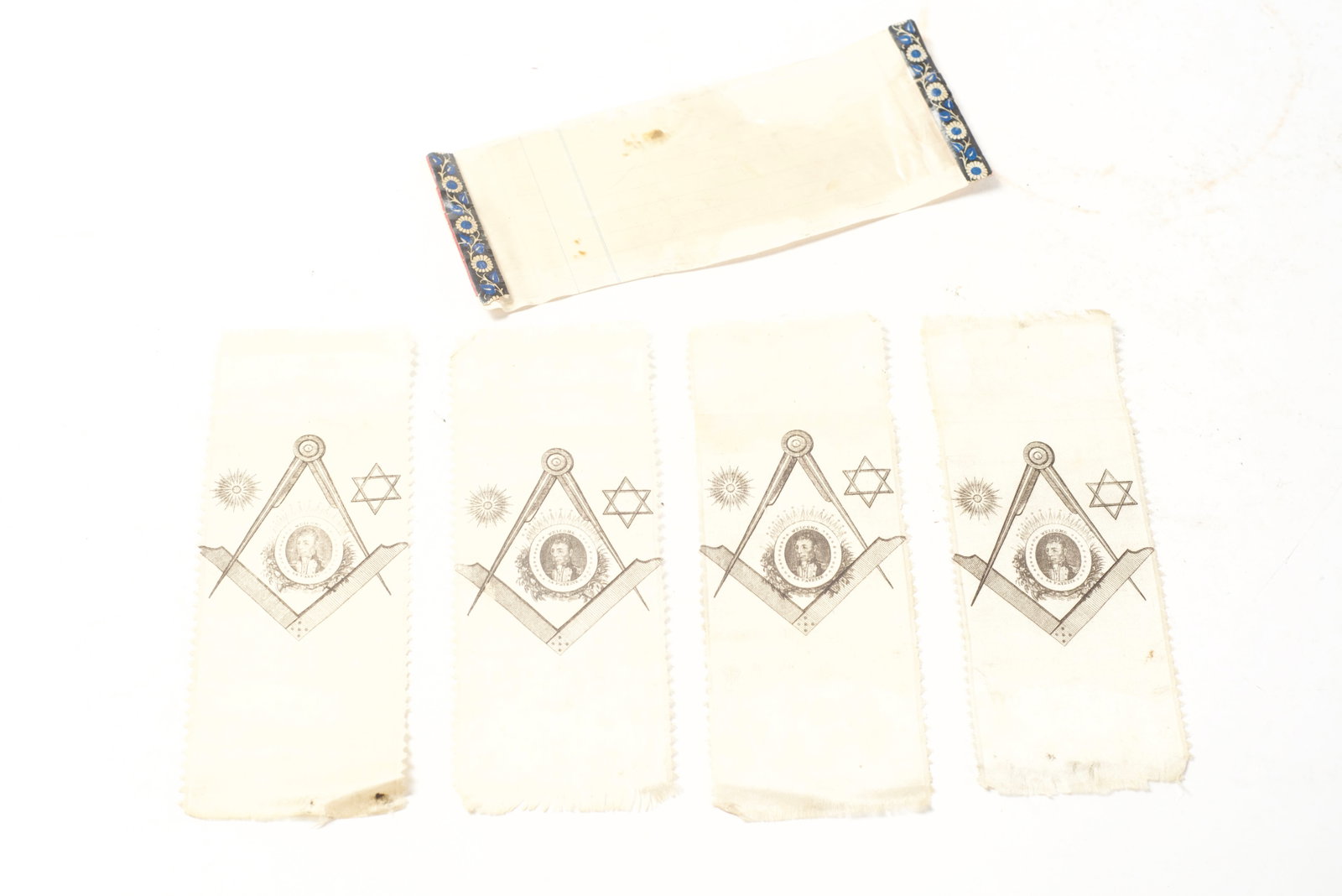 FOUR MASONIC "WELCOME LAFAYETTE" WHITE SILK RIBBONS. (1 of 4)