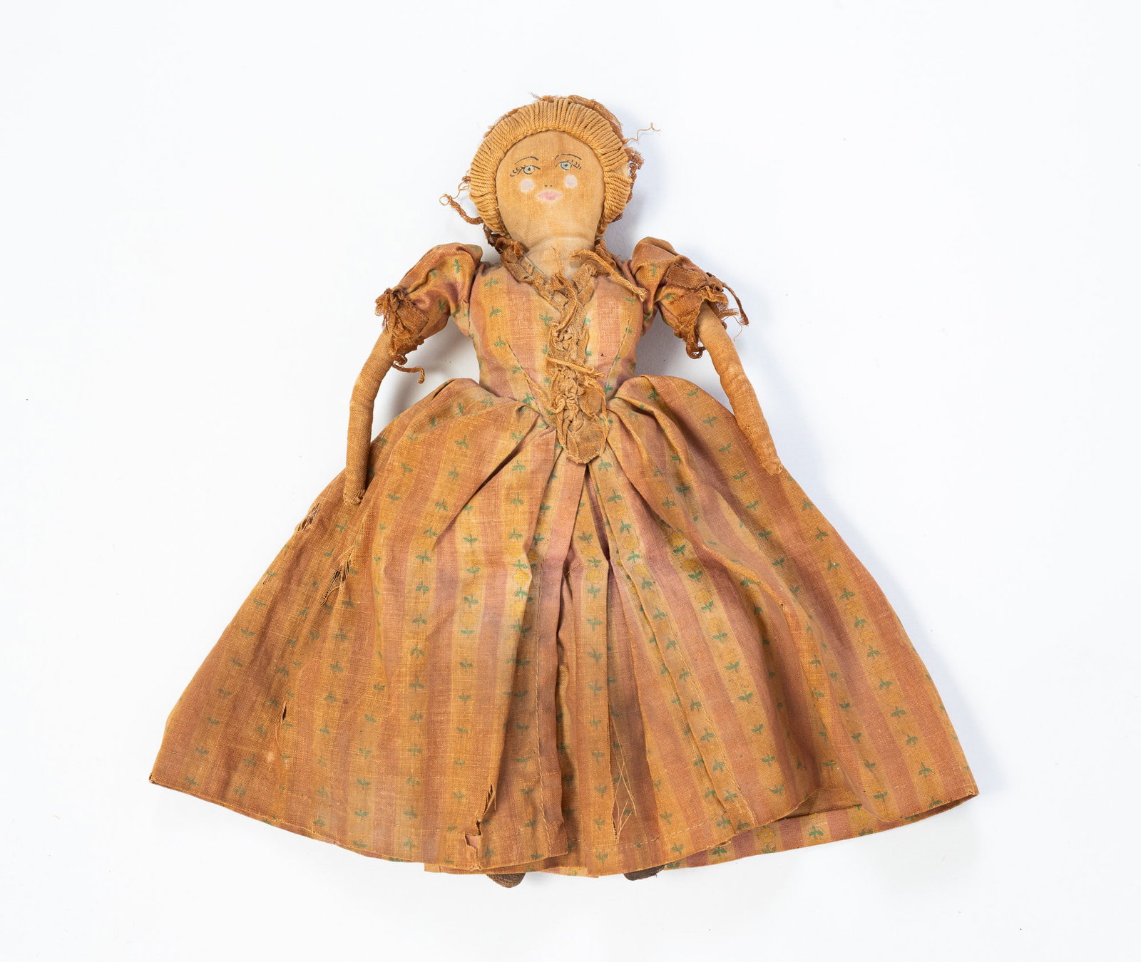 FOLK ART CLOTH DOLL.: FOLK ART CLOTH DOLL. American, 19th Century. Linen. Cloth doll with twisted yarn hair, gauze bonnet, painted face, rolled arms and legs, and wearing a long printed dress, bloomers, and shoes. 9"h.