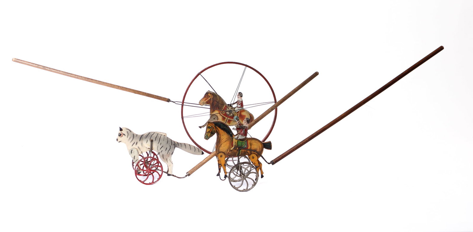 A CAT AND TWO HORSE PUSH TOYS. (1 of 5)