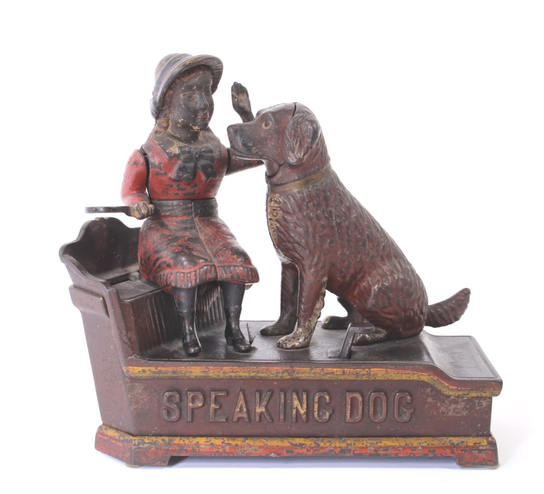 SPEAKING DOG CAST IRON MECHANICAL BANK BY SHEPARD HARDWARE. (1 of 4)