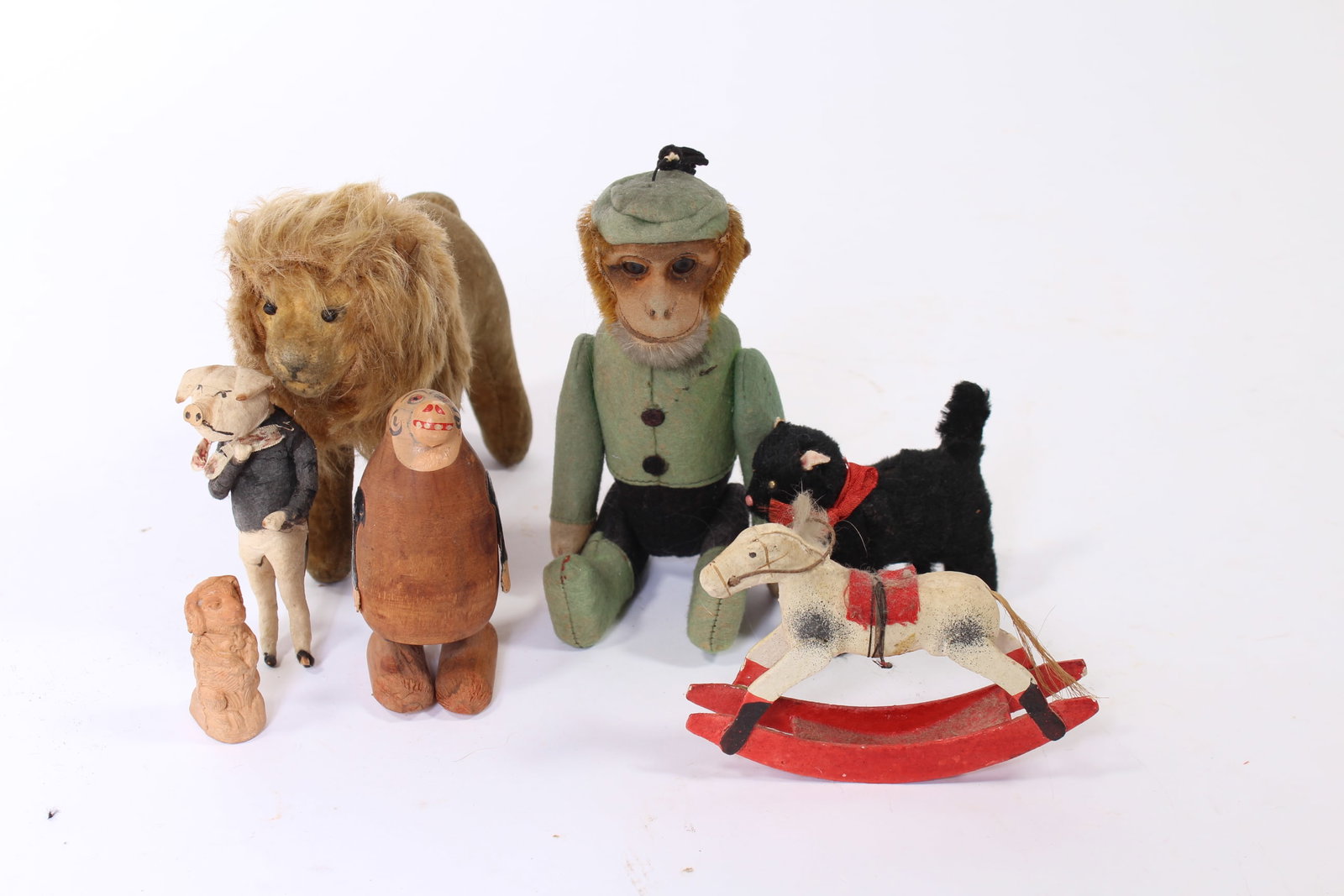 SEVEN EUROPEAN MINIATURE ANIMAL FIGURES, INCLUDING A SCHUCO (GERMANY) MONKEY FLASK. (1 of 13)