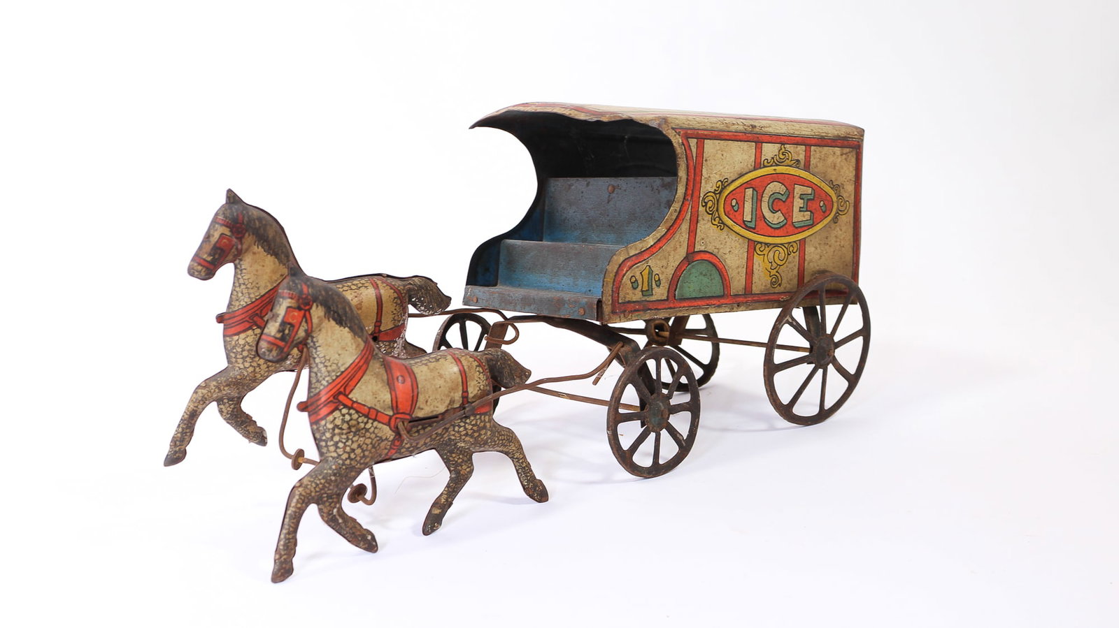 MORTON E. CONVERSE CO. (WINCHENDON, MASSACHUSETTS) TIN LITHO HORSE-DRAWN ICE WAGON. (1 of 3)