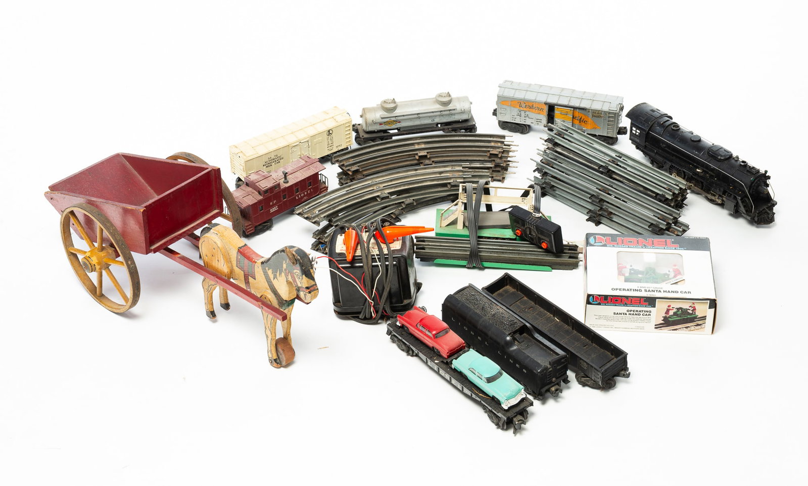 S.A. SMITH (BRATTLEBORO, VERMONT) PAINTED HORSE AND CART WITH LIONEL TRAINS AND TRACKS. (1 of 6)