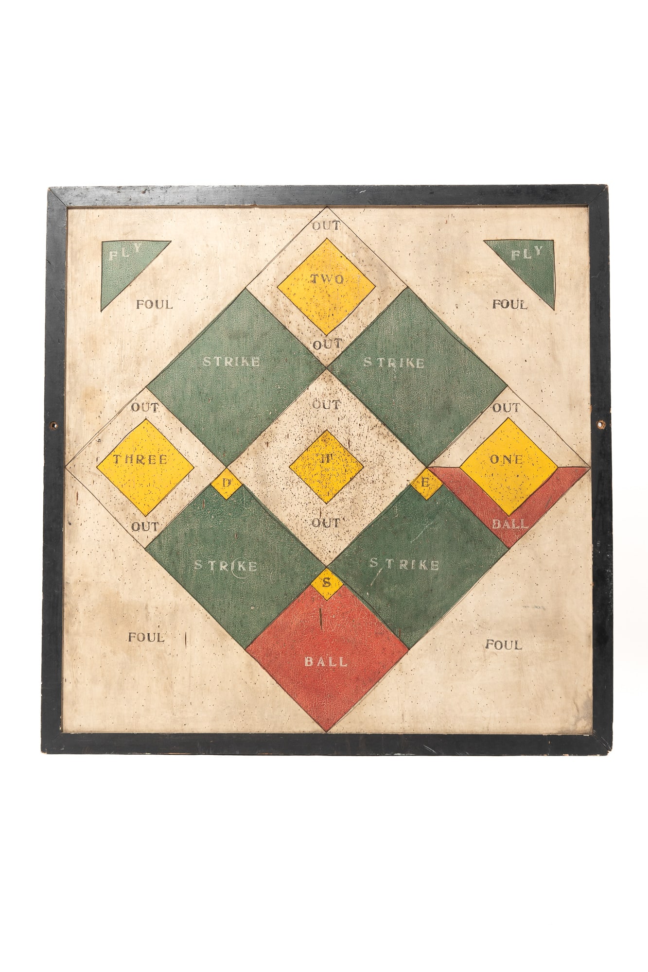 PAINTED BASEBALL GAME DART BOARD.: PAINTED BASEBALL GAME DART BOARD. American, early 20th Century. Pine. White field, green, yellow and red diamond, outer corners are fouls, green, yellow and red are ball, strike, outs, hit, etc. Black