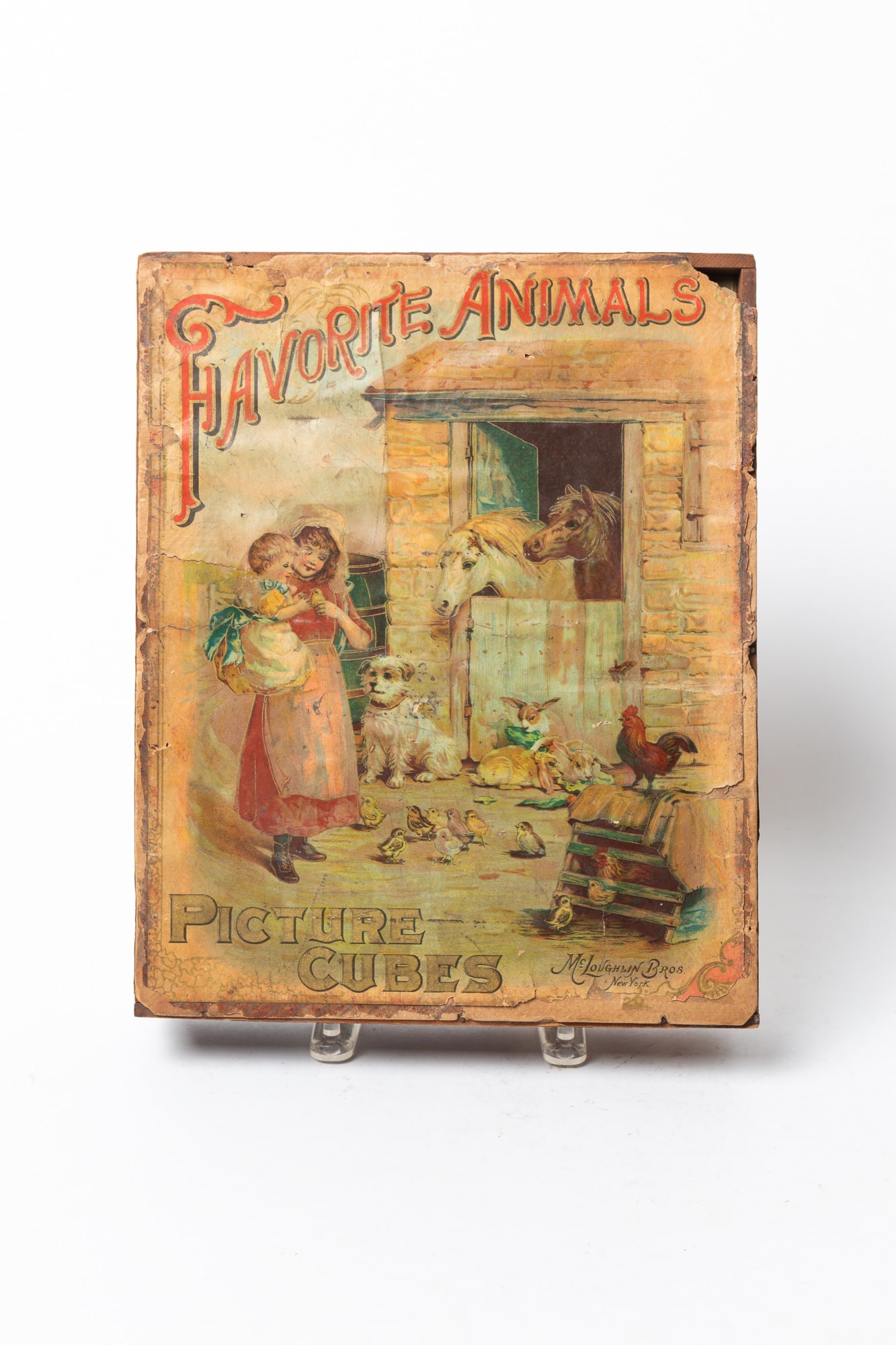 "FAVORITE ANIMALS" PICTURE CUBES.: "FAVORITE ANIMALS" PICTURE CUBES. American, late 19th or early 20th Century. A set of twenty McLoughlin Bros. cubes in original box. 2.75"h. 10.75"w. 13.5"d. Provenance: Nancy Goff (Alliance, Ohio);
