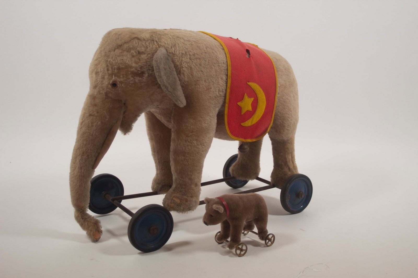 STEIFF MOHAIR RIDING ELEPHANT ON WHEELS AND MOHAIR BEAR PULL TOY. (1 of 11)