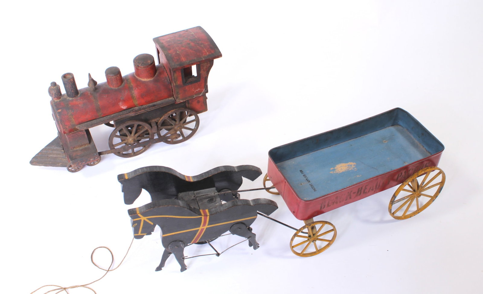 GIBBS TOYS (CANTON, OHIO) PRESSED STEEL "BLACK BEAUTY PACERS" WAGON WITH TWO PAINTED WOOD HORSE PULL (1 of 11)