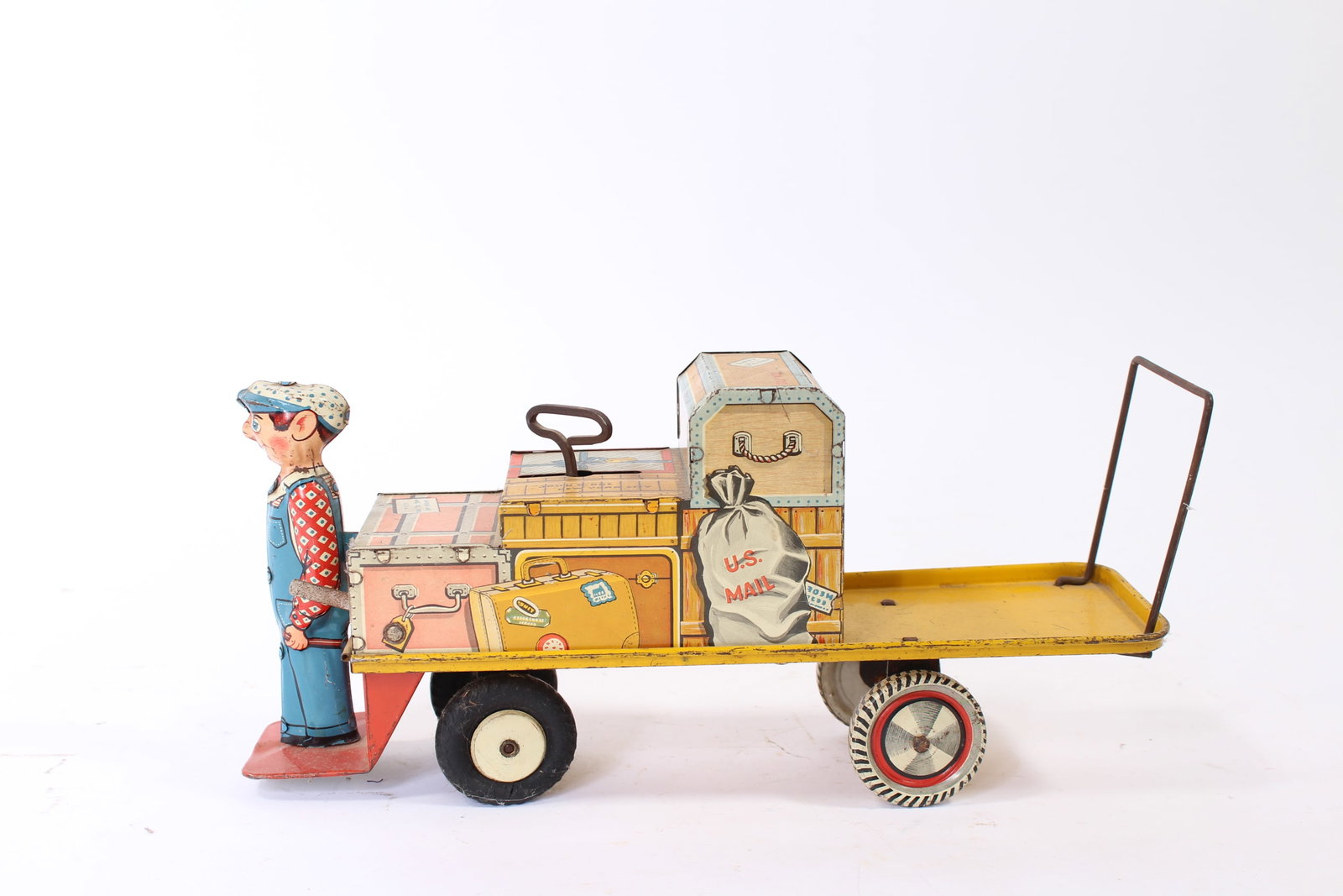 UNIQUE ART (NEW YORK, NEW YORK) TIN LITHO WINDUP FINNEGAN PORTER CART AND GERTIE THE GALLOPING: UNIQUE ART (NEW YORK, NEW YORK) TIN LITHO WINDUP FINNEGAN PORTER CART AND GERTIE THE GALLOPING GOOSE. American, 20th Century. Finnegan the Porter pulling a luggage cart carrying trunks, suitcases, and