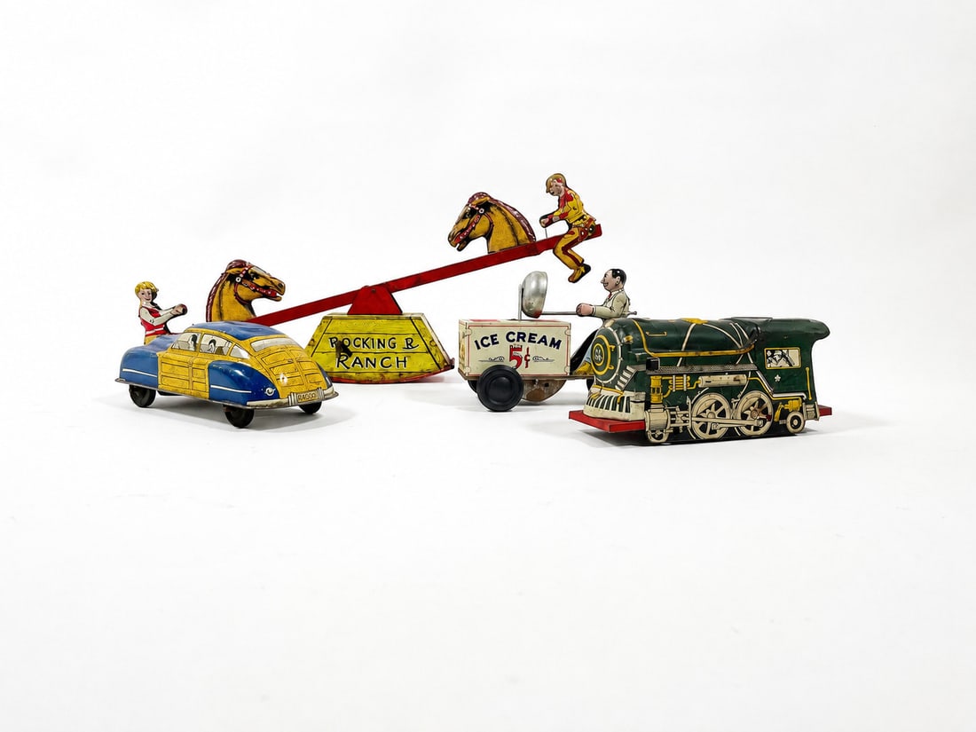 COURTLAND (NEW JERSEY) ICE CREAM CART, ROCKING R RANCH, WOODY SEDAN, AND LOCOMOTIVE TIN LITHO WINDUP (1 of 1)