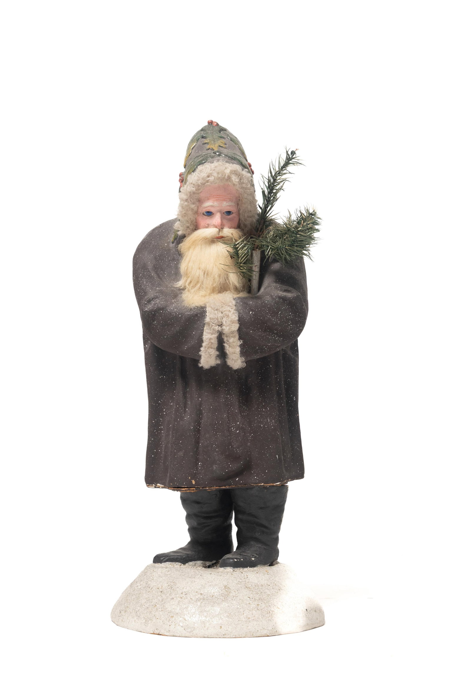 UNUSUAL LARGE STANDING SANTA CANDY CONTAINER.: UNUSUAL LARGE STANDING SANTA CANDY CONTAINER. Germany, late 19th or early 20th Century. Papier mache coat, base, boots, and face, blue glass eyes, a dark gray coat with white specks, black boots,